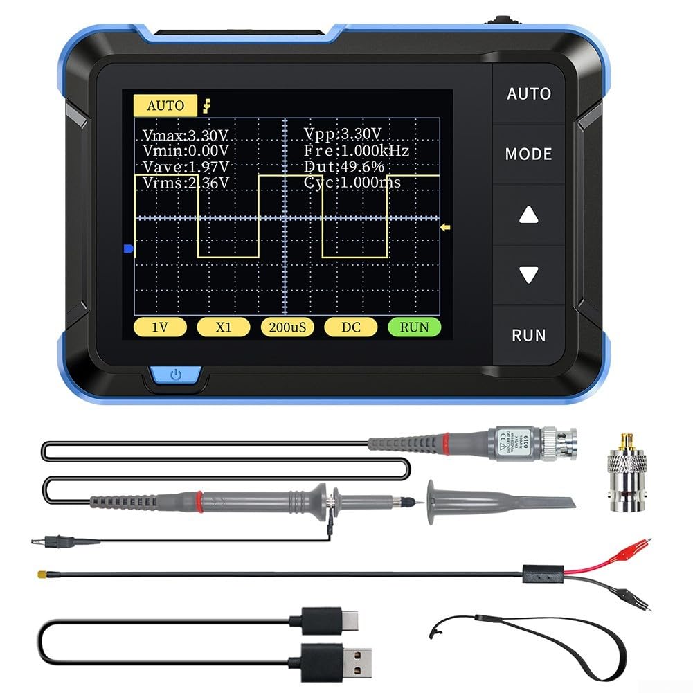 DSO152 Oscilloscopio digitale palmare 200kHz 2.5MSa/s LCD da 2,8", pulsante automatico, ±400V, batteria 1000mAh per istruzione e manutenzione, blu (alto)