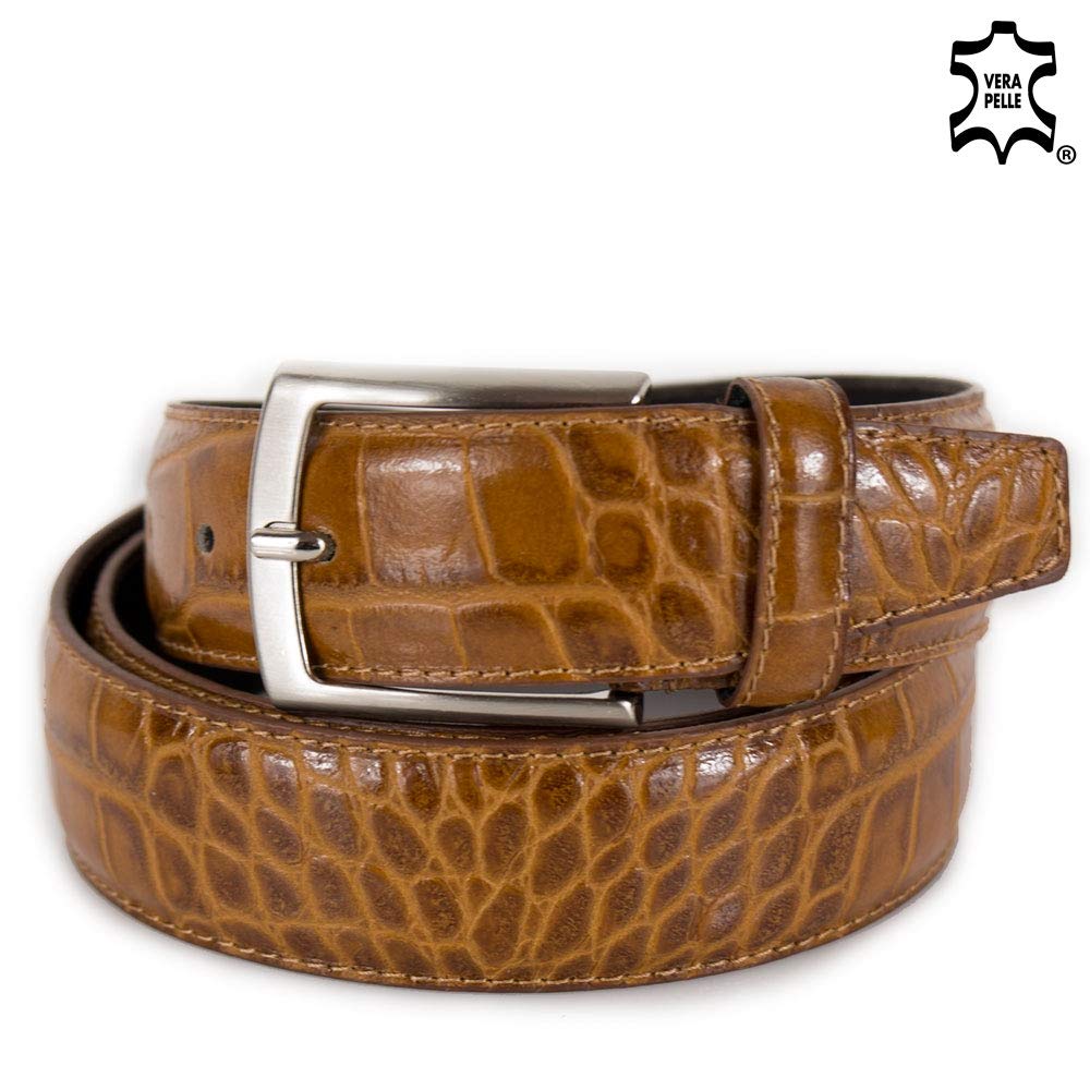 Emila Cintura uomo elegante stampa cocco da cerimonia cinta artigianale vitello stampata coccodrillo per abito x pantalone classica lavoro con fibbia 3,5 cm 35 mm cuciture made in Italy Vera Pelle