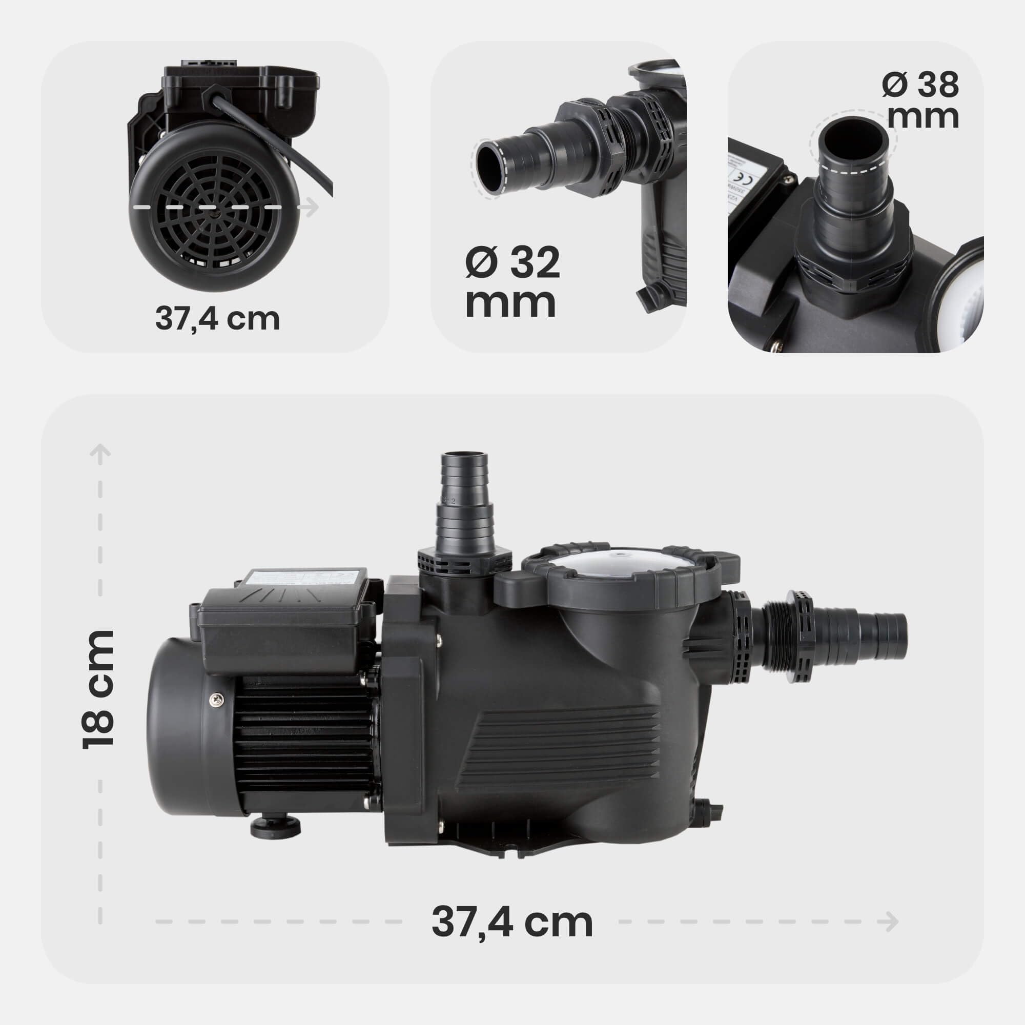 Arebos Bomba de piscina 350W | bomba de filtración con prefiltro y 9500 l/h | bomba de piscina para sistema de filtración de arena y sistema de filtración | potente y energéticamente eficiente