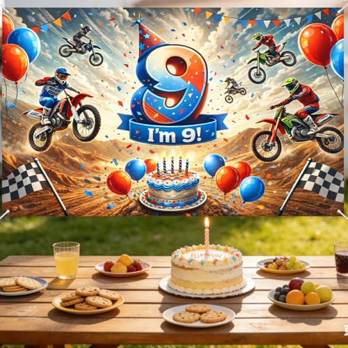 Image of Nuxovilar Happy 9th Birthday Banner Yard Sign 71 inchx43in Polyester Backdrop | Celebrate Party Supplies, Celebration Decor. Dirt Bike Birthday Party Decorations. Yard, Garage, Room. (Dirt Bike 9th)