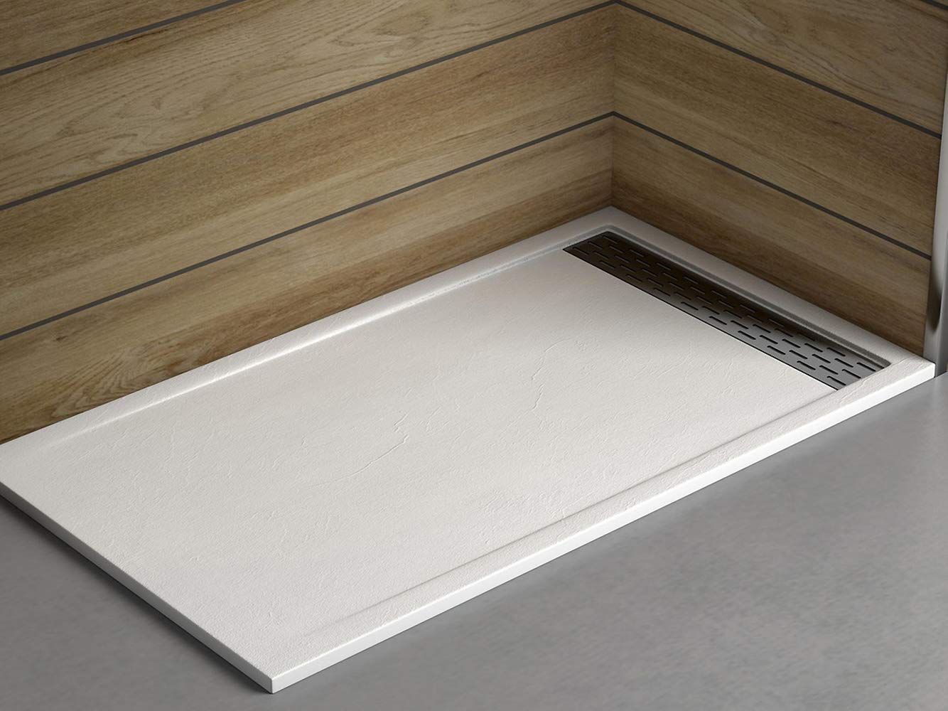 Plato Ducha Resina Efecto Pizarra Extraplano, Resistente al Rayado, Muy Agradable al Tacto. Con Rejilla Extralarga 80x120 Blanco