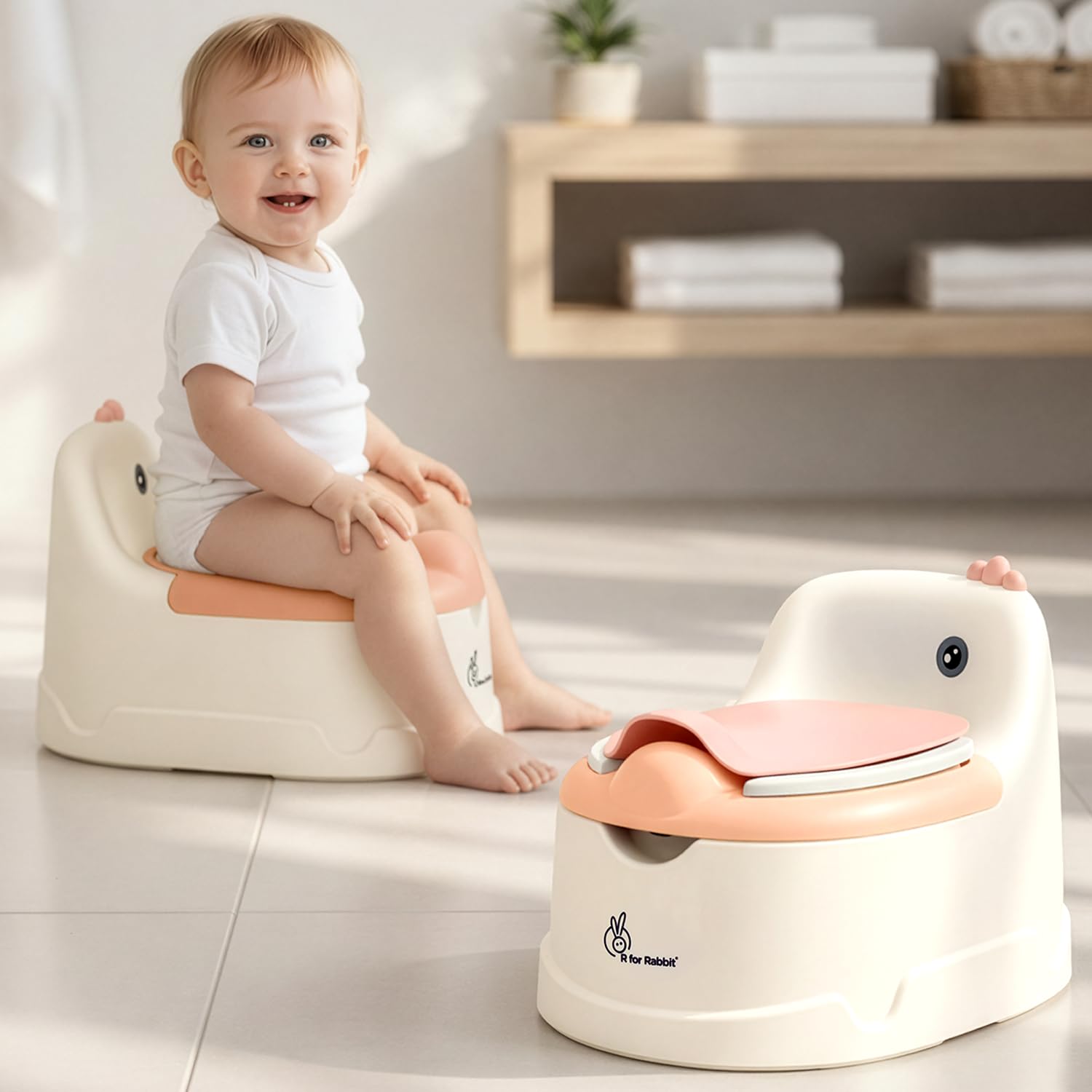 R for Rabbit Tiny Tots Dino Potty Seat Comfortable Potty Training Removable Bowl Anti-Slip Pads Ergonomic Design for New Born Baby/Infant/Kids Weight Up to 50 kg 1 to 7 Years (White Pink)-image-14