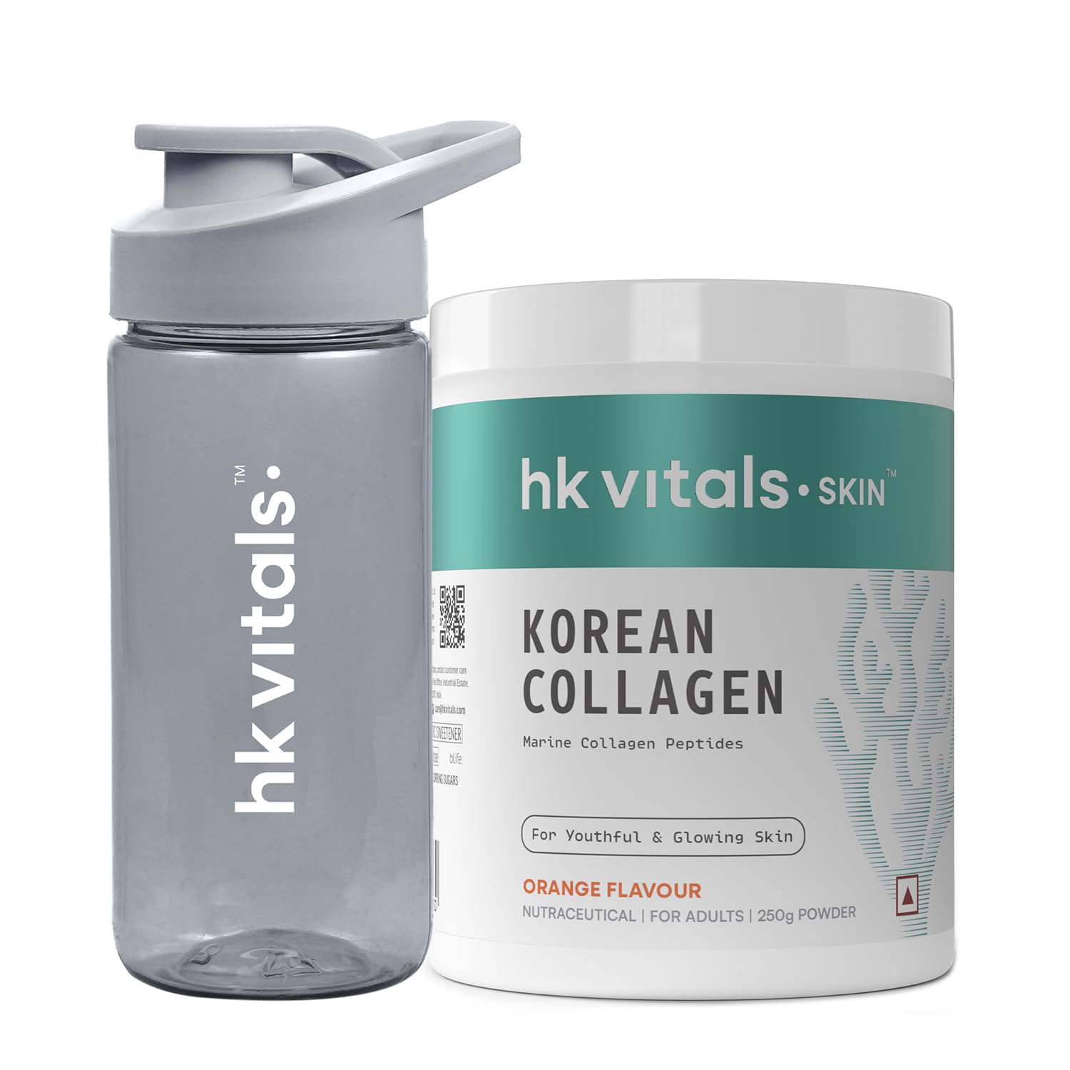 hk vitals Korean Marine Collagen Supplement (Orange, 250g) with Sipper, 300ml | Combo Pack | Supplement for Women & Men | Promotes Healthy Skin, Hair & Nails