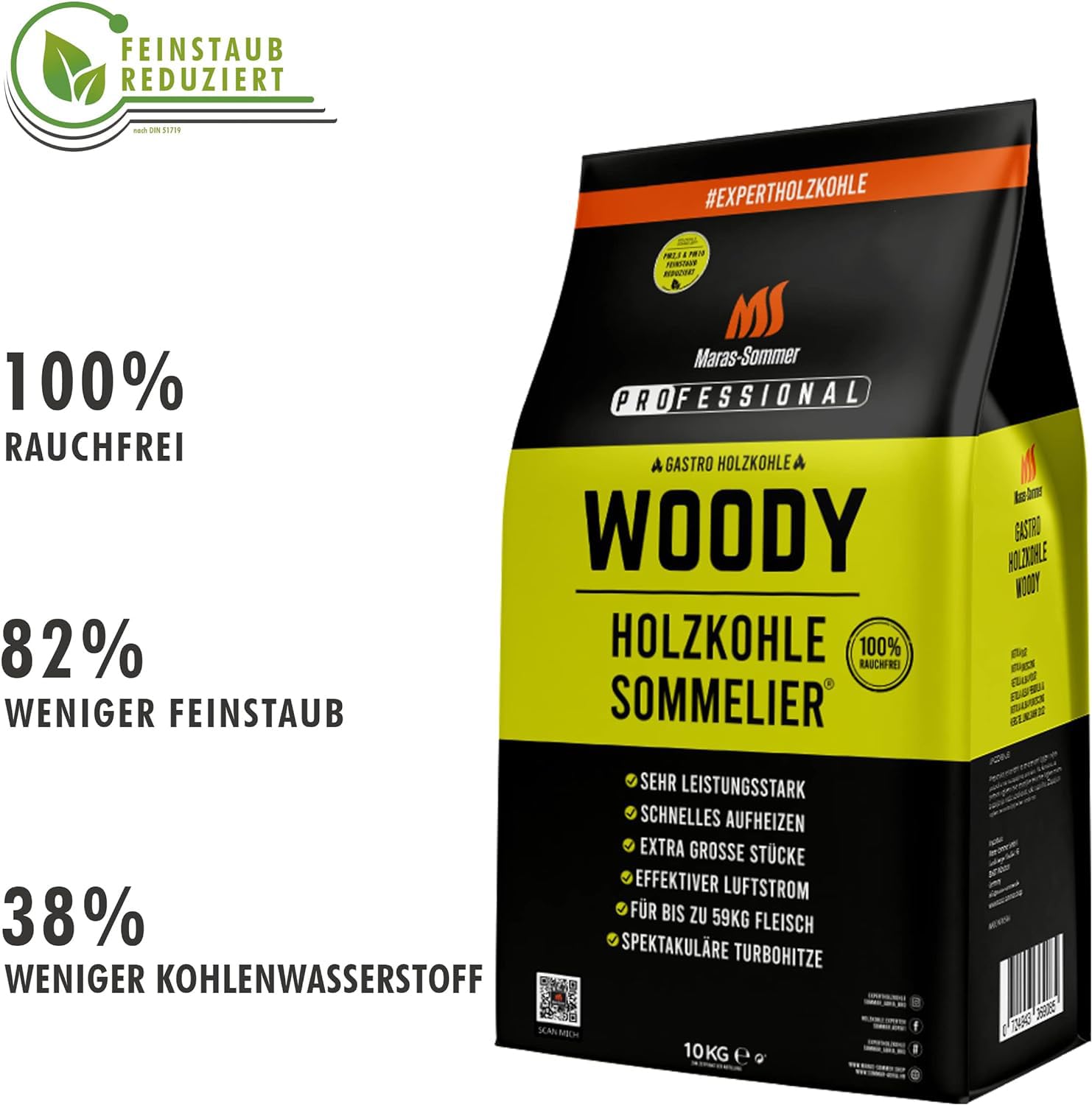 Woody 10kg, Rauchfreie Holzkohle, Feinstaub reduziert nach PM10 & PM2,5! Hochdosierte Holzkohle für wundersame Grillergebnisse und geschmackliche Überlegenheit. Kamado Plus!