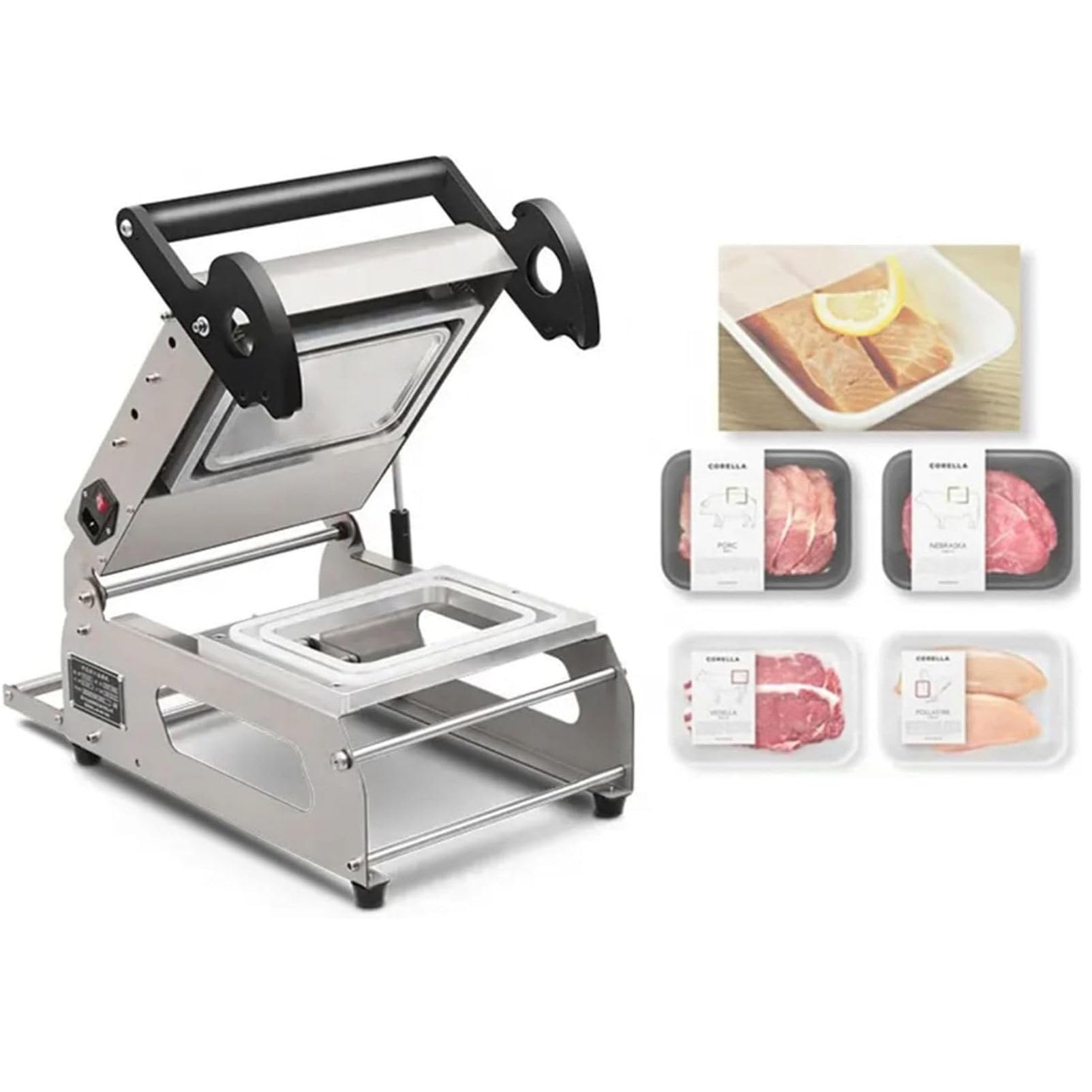 Máquina selladora manual de bandejas de alimentos para cajas comerciales para llevar, embalaje a presión manual para carne y alimentos cocinados