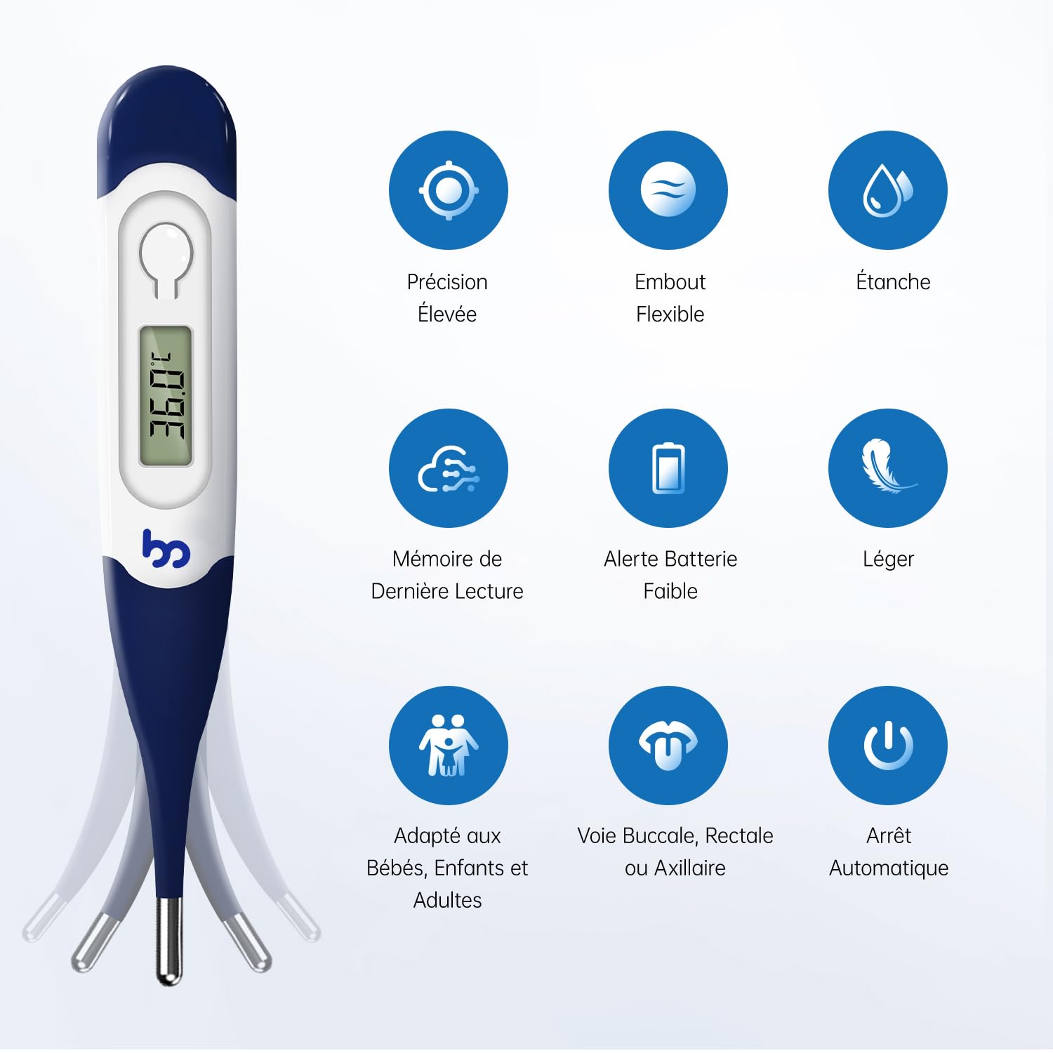 Thermomètre Numérique à Embout Flexible​, Mesure Rapide et Précise par Voie Buccale, Axillaire ou Rectale - Pour Bébés, Enfants et Adultes