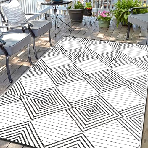 Waterproof Outdoor Rug 6x9ft, Foldable Reversible Plastic Straw Mat for Patio RV Deck Porch Backyard Balcony Camping Picnic Beach Indoor Outdoor Carpet, Black&White