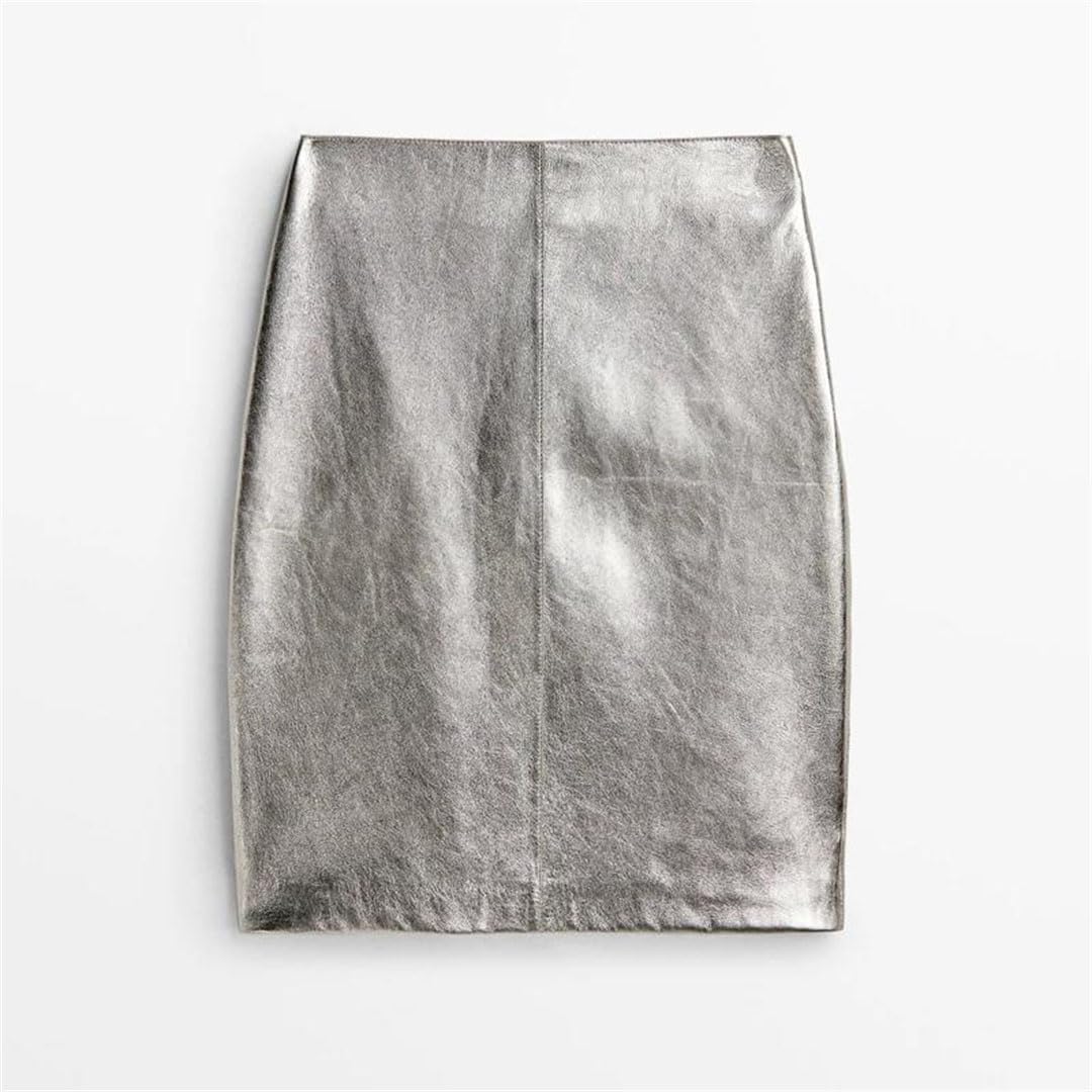 Damska skórzana srebrna spódnica midi Slim Fit Metal Gloss Brillant Sheepskin Short Wrap
