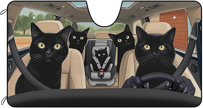 Dog Car Front Windshield Sunshade Black Cat Family Decor Vehicle Sun Shade Visor UV Ray Reflector Sun Protector, Keep Vehicle Cool, 55" x 30"