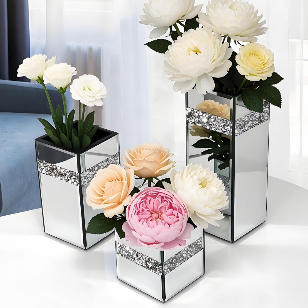 ALLARTONLY Crushed Diamond Spiegelvase, 3-teiliges Set (klein, mittel, groß) Kristall-Silber Spiegelglas, atemberaubende dekorative Blumenvase, Luxus für die Heimdekoration Kann kein Wasser aufnehmen.