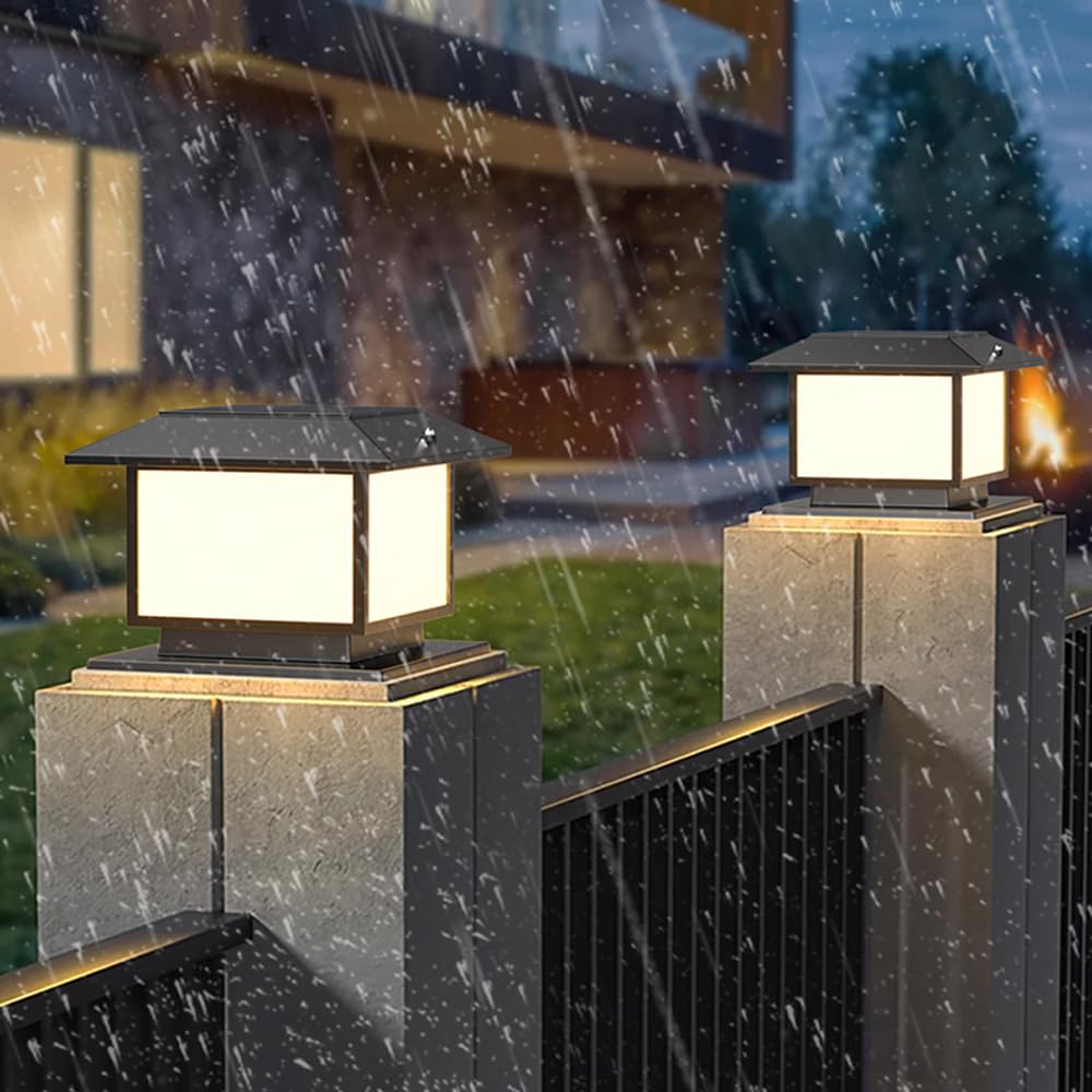 Solarne lampy słupkowe – nowoczesne oświetlenie krajobrazu LED, wodoodporne, czarne, kwadratowe światła słupkowe, zasilane energią słoneczną, na taras, do ogrodu, skrzynki pocztowej, cokołu.
