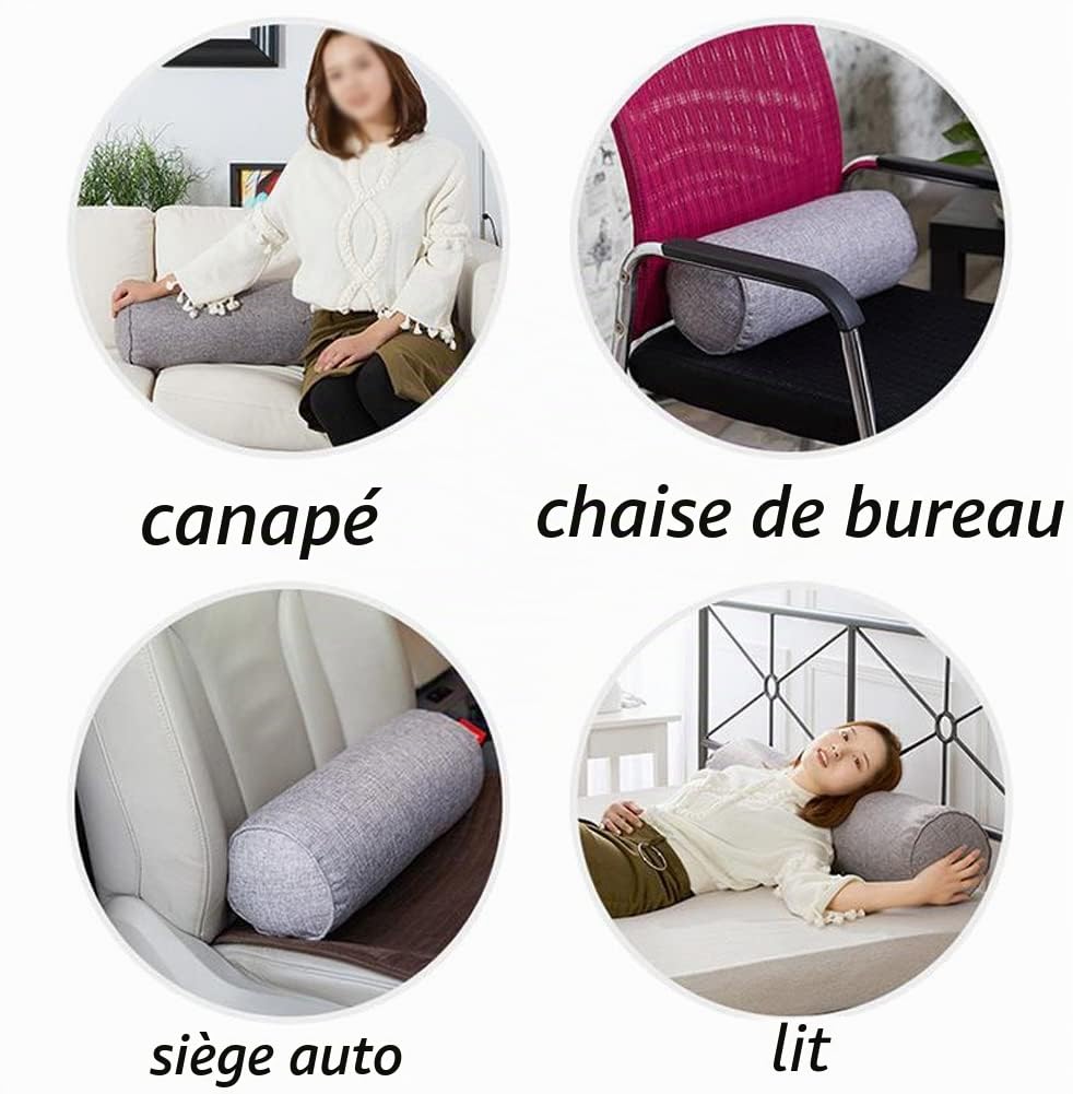 Long Oreiller Traversin en Lin Rond Oreiller Lombaire pour Canapé Lit Voiture Bureau, Coussin de Soutien Doux pour Accoudoir, Oreiller de Soutien du Cou, Soulagement des Douleurs Dos/Genou/Jambe