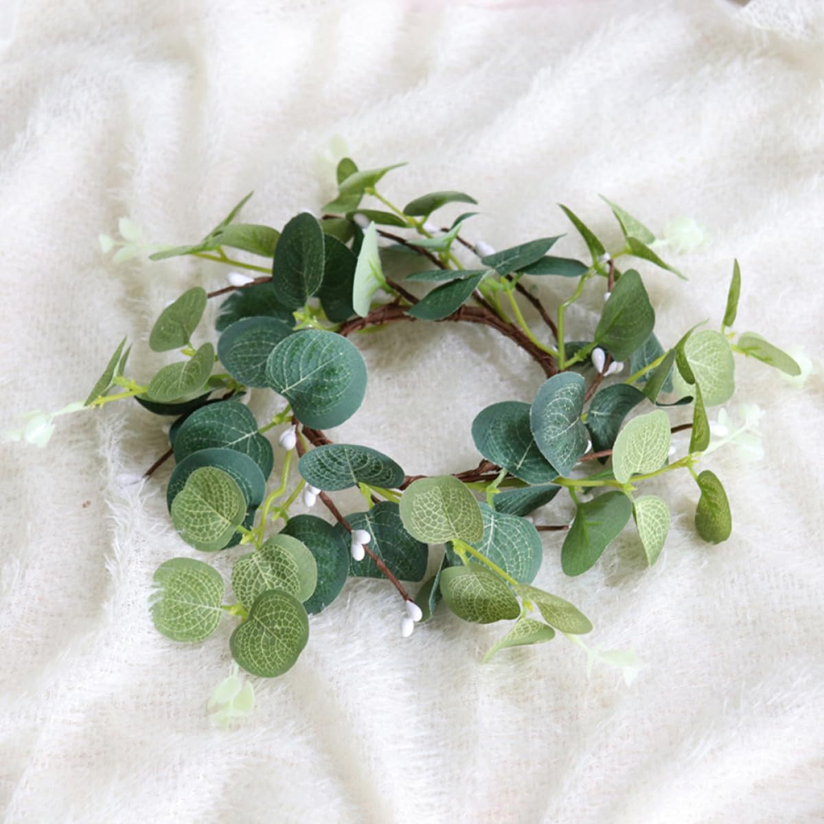 5pcs Artificial Eucalyptus Candle Wreath Rings Greenery Candle Holder Decoration for Home Bedroom Living Tabletop Lifelike Faux Leaves for Wedding Christmas Party