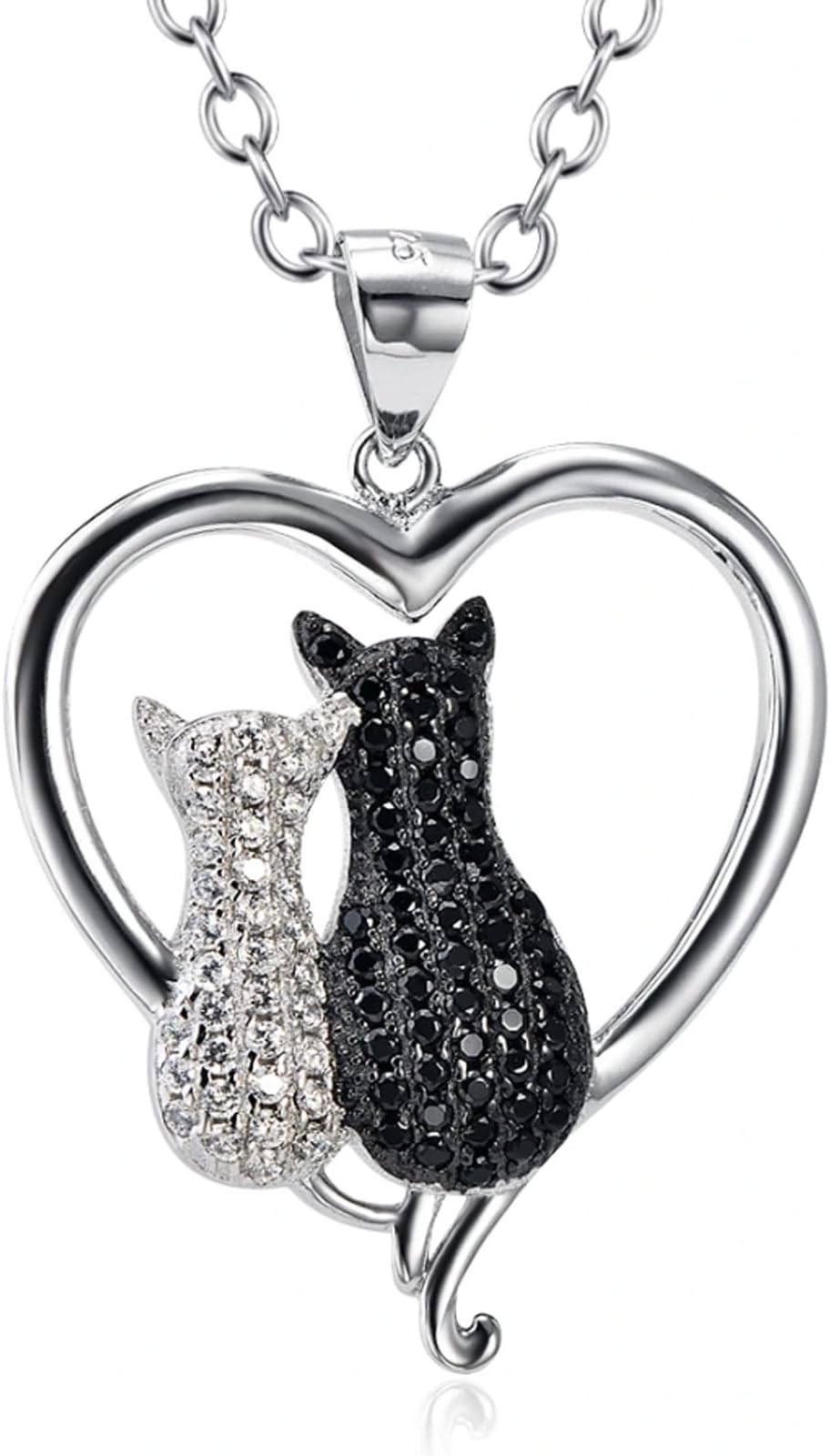 YAFEINI Cat Necklaces 925 Sterling Silver Jewelry Cute Double Two-Tone Cat Pendant Cubic Zirconia Necklace Love Heart Necklace for Women Girls