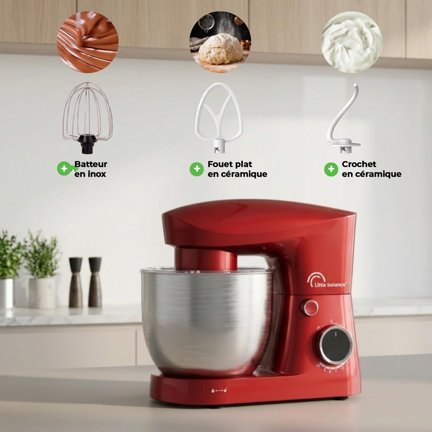 LITTLE BALANCE 3060 Easy Pâtisserie 2, Robot Pâtissier, Bol inox 5 l, 10 vitesses, Fonction Pulse, Tête inclinable, Avec Crochet, Fouet et Batteur pour mélanger, fouetter, pétrir, 1500 W, Piment