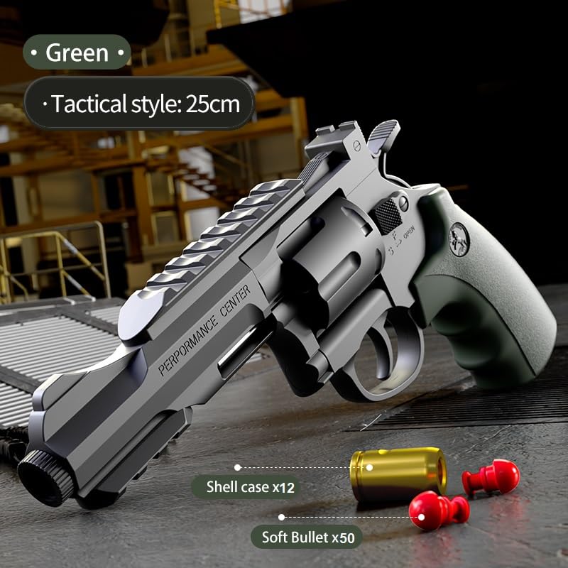 Image of Revolver Toy Gun | Long Barrel Strong ABS Plastic Airsoft Gun Pistol Fully Automatic | 12 Bullet Shell' and 50 Bullets Included(Green+Black)