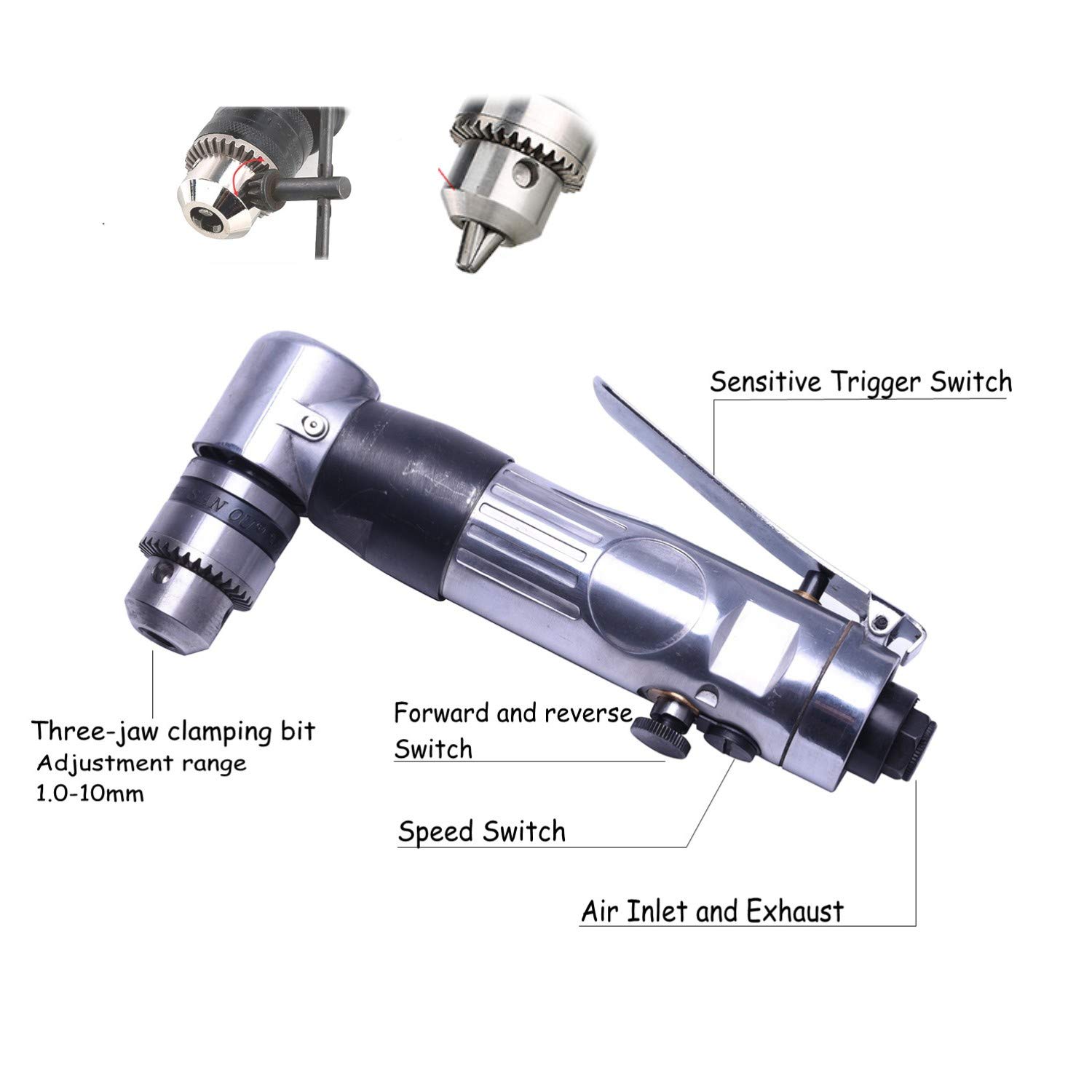 Umkehrbar Winkelbohrmaschine Druckluft 1.5-10 mm （3/8"), Leerlaufdrehzahl: 2000rpm, Winkelbohrer mini Silber