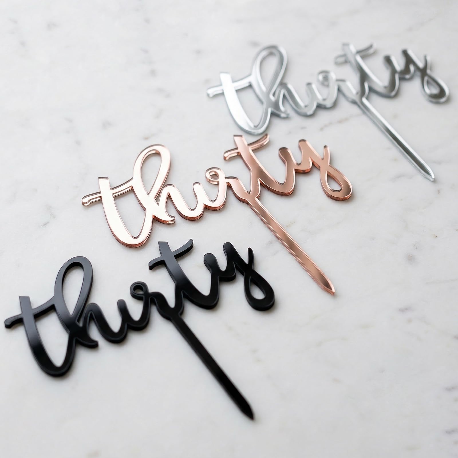 3PCS Acrylic 30th Birthday Cake Topper - Reusable Elegant Number Thirty Decorations for Women & Men - Black Rose Gold Silver