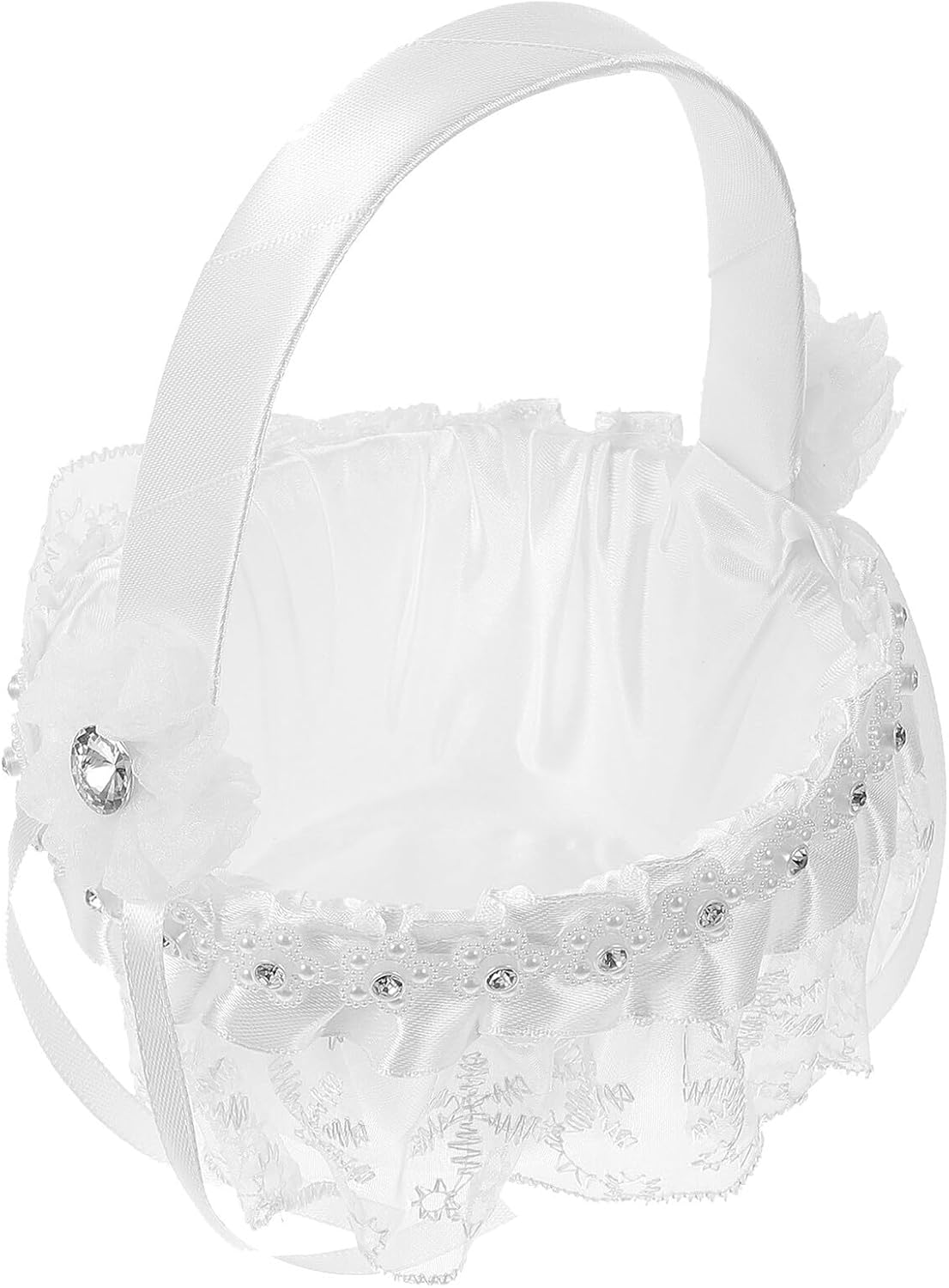 Flower Girl Basket Handheld Wedding Petal Basket with Lace Trim Small Size Handwoven for Wedding Party Supplies and Bride Flower Container