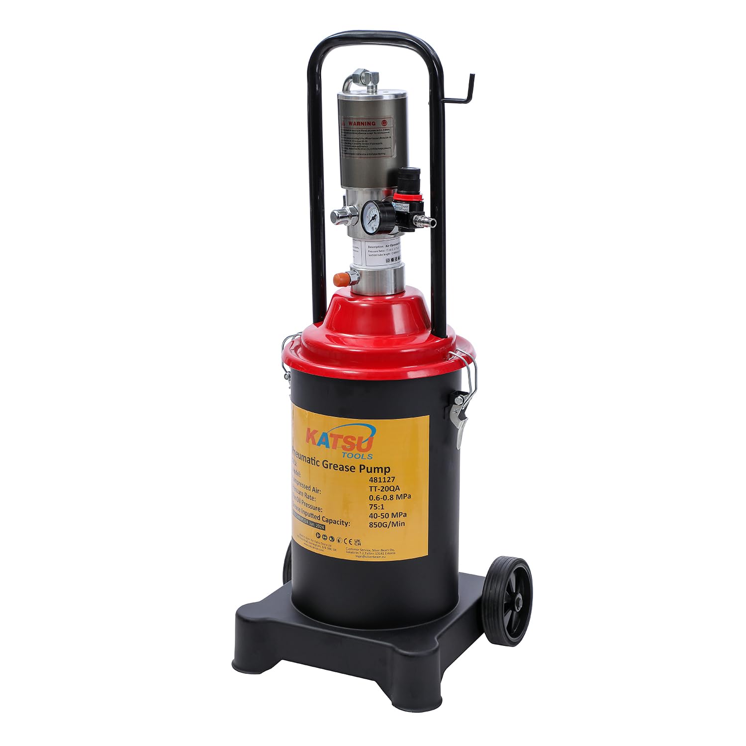 KATSU Tools Bomba de Grasa Neumática 12L Bomba de Engrase con Aire a Presión Dispensador de Pistola de Grasa de Aire Portátil con 12ft Manguera, 500 Bar, para Maquinaria de Automóviles y Camiones