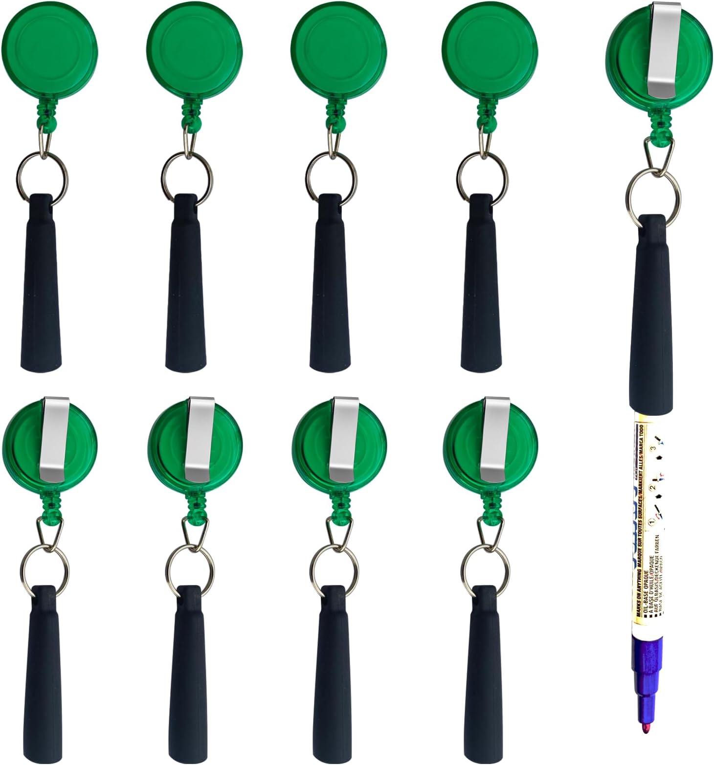 Duty Retractable Pull Pen Holder -Thick Nylon Cable- Ideal for Markers & Carpenter Pencils, Self Retracting Reel & Tight Metal Belt Clip,8 Pack Transparent Green