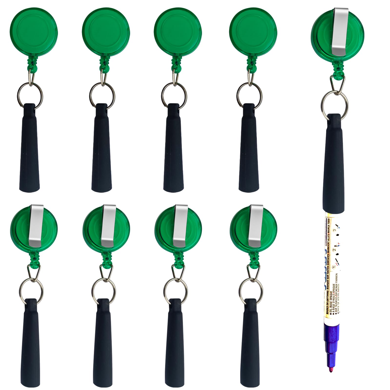Duty Retractable Pull Pen Holder -Thick Nylon Cable- Ideal for Markers & Carpenter Pencils, Self Retracting Reel & Tight Metal Belt Clip,8 Pack Transparent Green