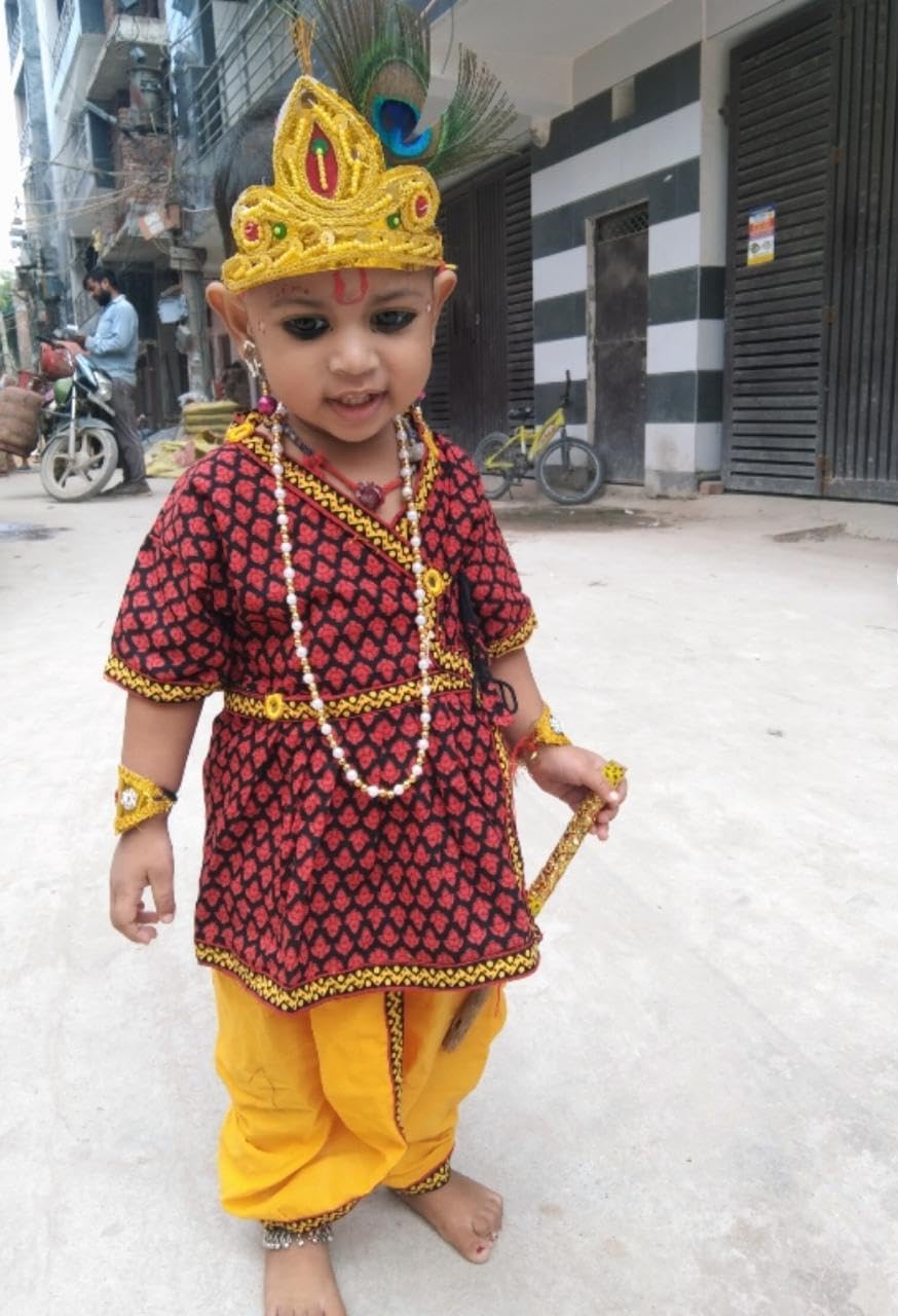 PK HUB Cotton Traditional Krishna Dress For Kids | Janmashtami Kanha Costume Infant Bal Gopal Outfit For Boys (1 Years - 2Years), Set Of 7 (Kurta, Dhoti, Bansuri, Mor Pankh, Mukut, Bandhni, Patka) 2