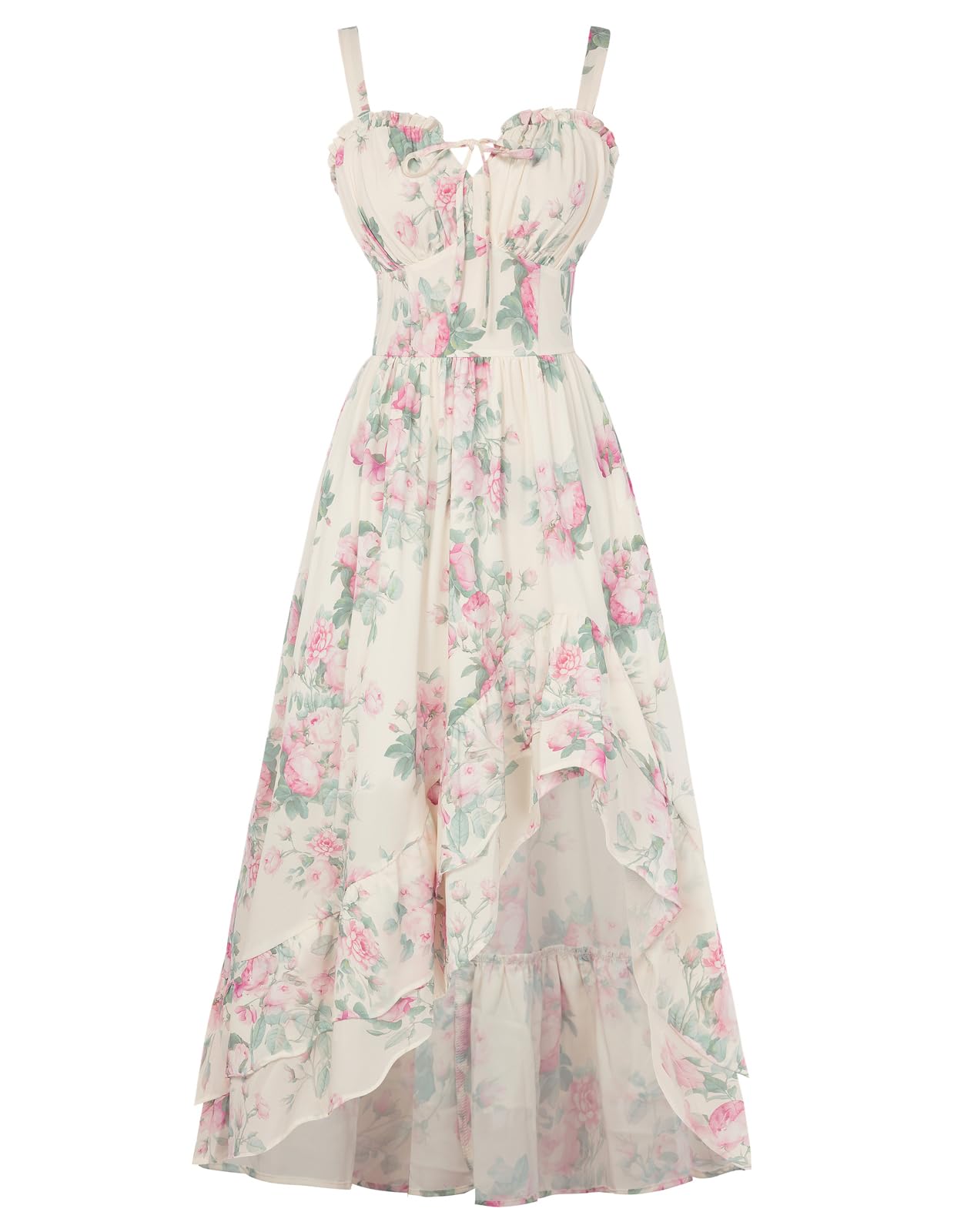 Scarlet Darkness Damen Viktorianisches Blumenkleid Spaghettiträger Sommerkleid High-Low Rüschensaum Lang Kleider Hellgrün mit Rosa Blumen M