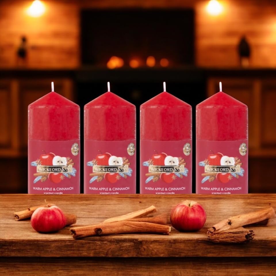 4 Warm Apples & Cinnamon Pillar Candles, Red, Scented Home Decor