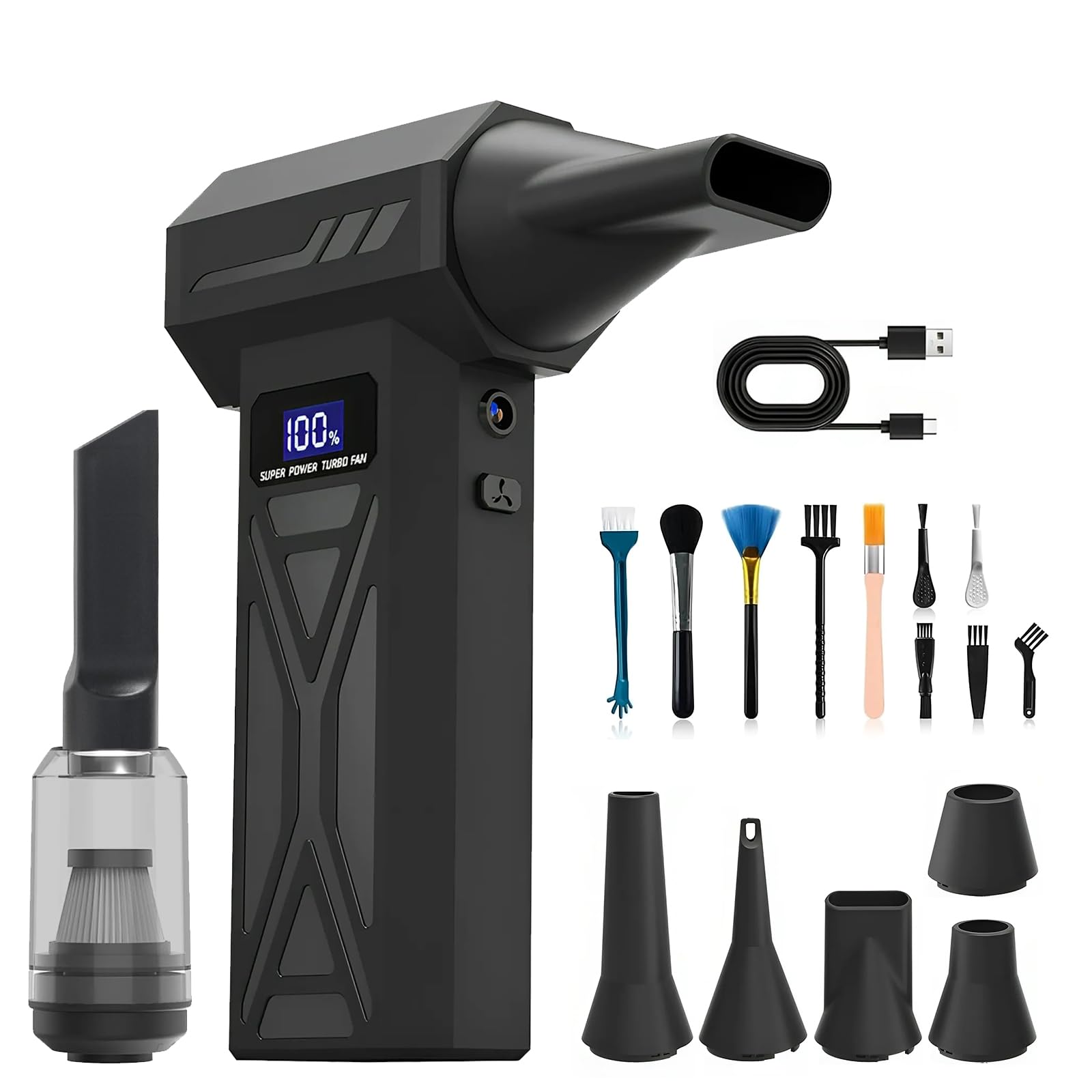 Aspirador eléctrico 2 en 1, 150.000 rpm, 4 velocidades, ajustable, aire comprimido, con pantalla digital, para ordenador, teclado, casa, exterior, coche, kit de limpieza