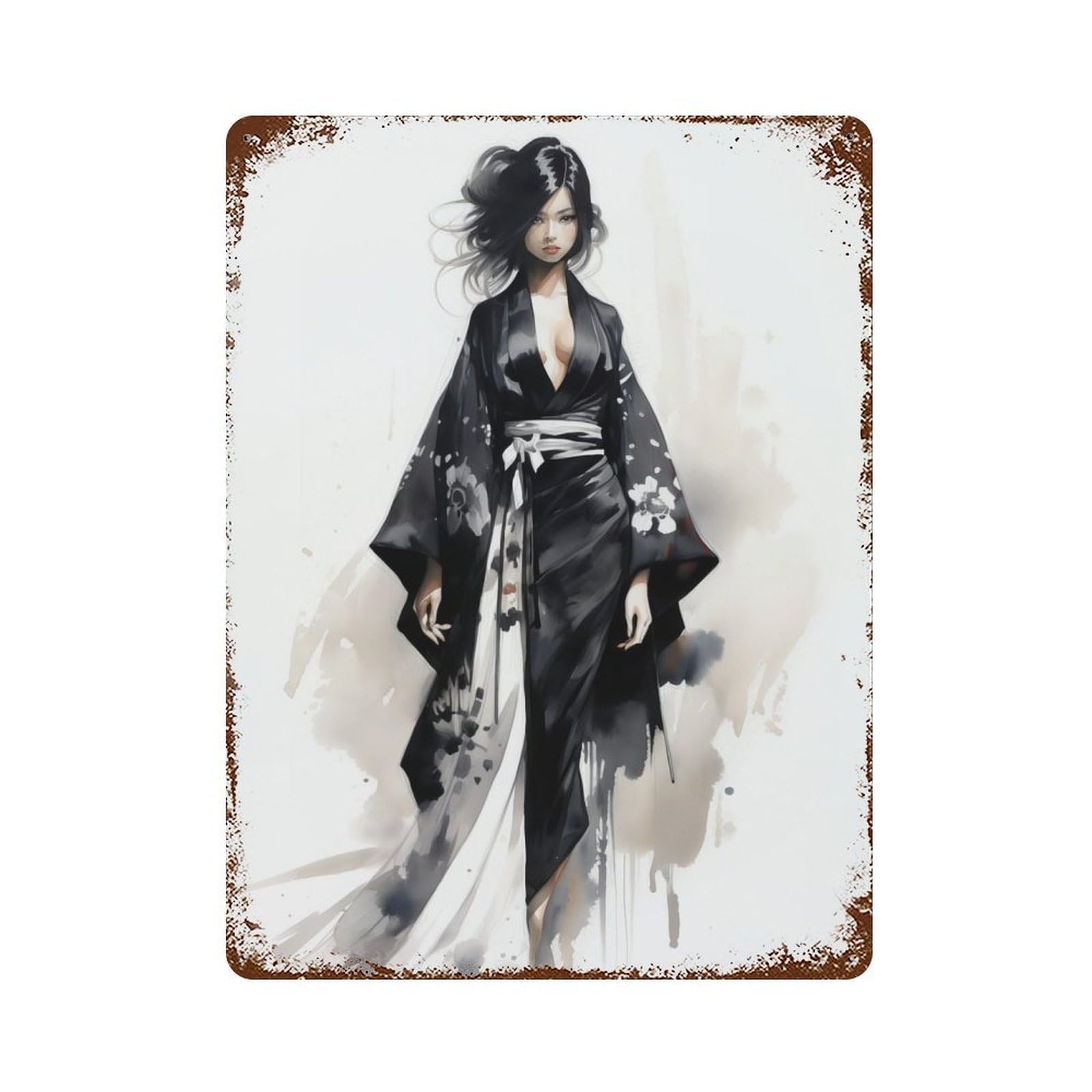 Garage Style Geisha in Black Aged Metal Wall Plaque 15.7"x11.8", Farmhouse Wall Decor for Bar And Workshop