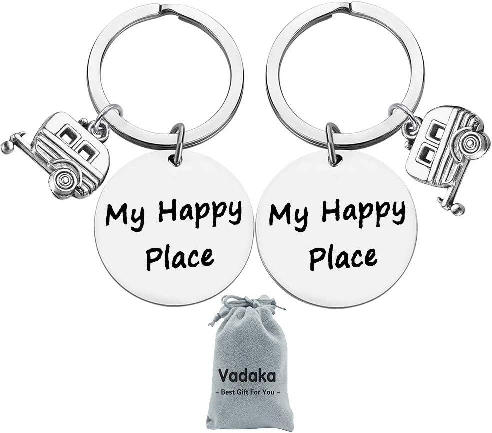My Happy Place Keychain Happy Camper RV Keychain Camping Keyring Trailer Gift Key Ring Present for Camper Lover Vacation Gift Birthday Present Stainless Steel Keyring