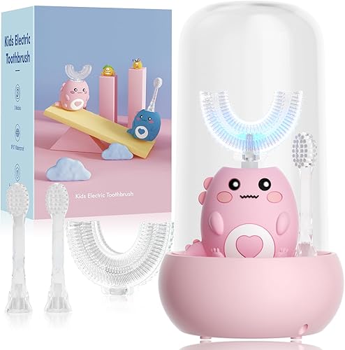 Miniatura 11 de Cepillo de dientes eléctrico en forma de U para niños, con 3 modos de limpieza, con 4 cabezales de cepillo, cepillo de dientes automático sónico de