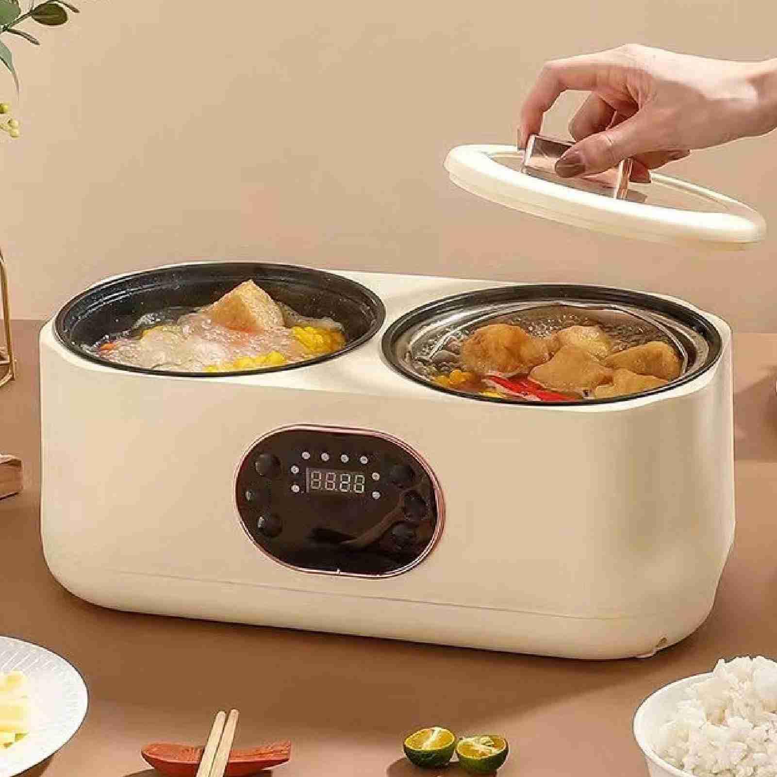 Double Mijoteuse, Double Mijoteuse à 2 Casseroles, Chauffe-aliments Multifonction Automatique, Isolation Intelligente, Cuiseur à Riz Amovible, Marmite électrique pour la Maison