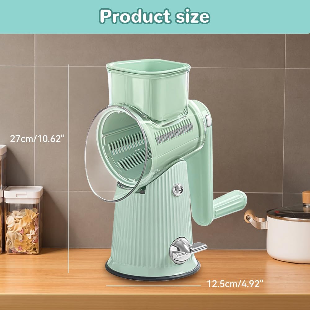5 In 1 Cheese Grater, 2025 New 5 In 1 Rotary Cheese Grater Vegetable Slicer with 5 Blades, Multifunction 5 in 1 Food Chopper for Cheese, Vegetables Fruit (Green)