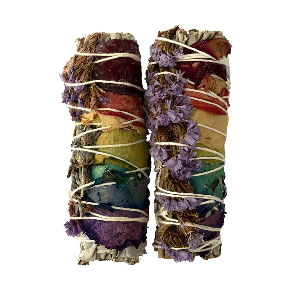 Smudge Stick, White Sage, 7 Chakra Petals and Purple Sinuata 4", Pack of 2