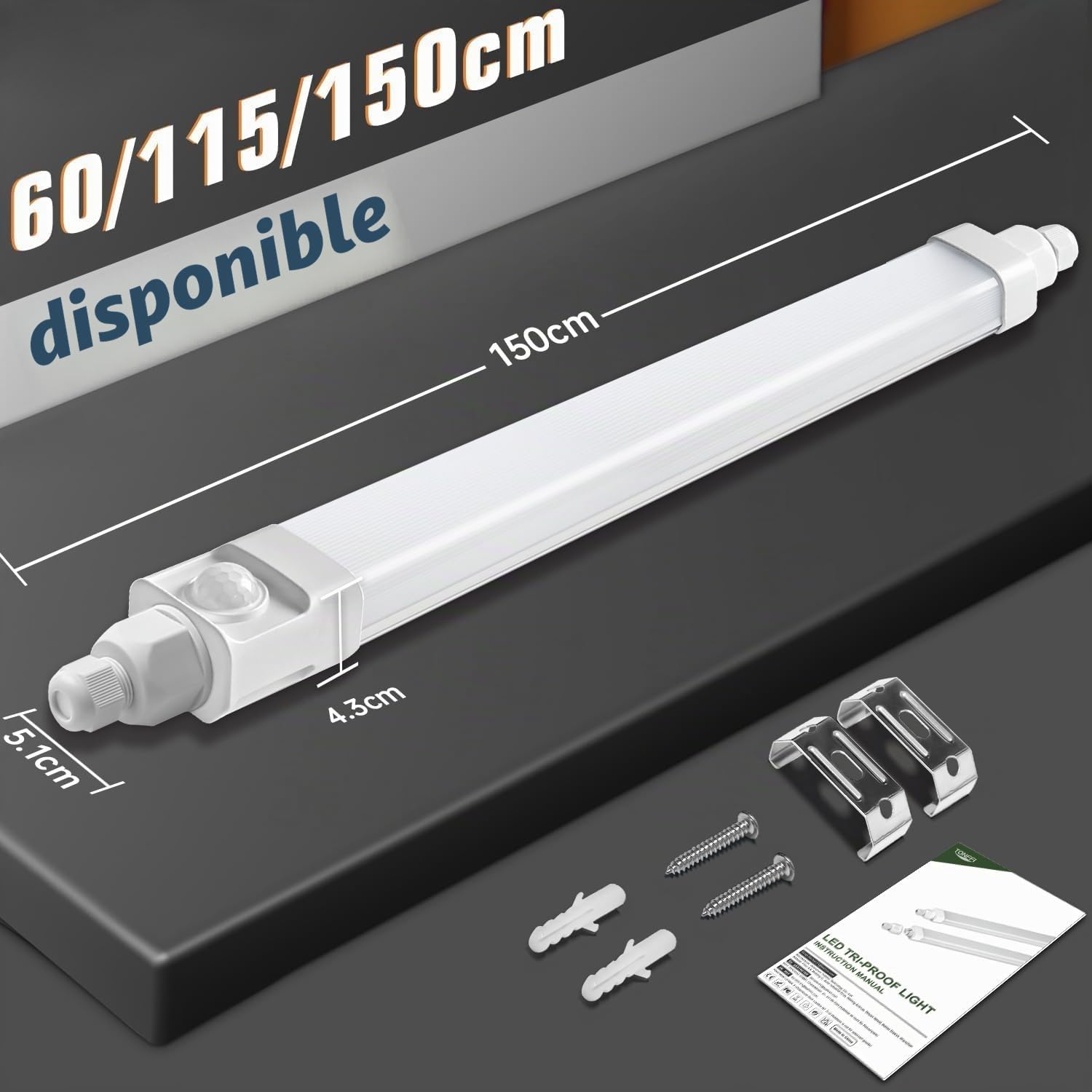 buling Neon LED 150cm avec Détecteur de Mouvement,45W 4500lm 4000K Lampe Garage avec Capteur de Mouvement,IP65 Imperméable Reglette LED Tube pour Exterieur Intérieur Atelier,Cave,Bureau