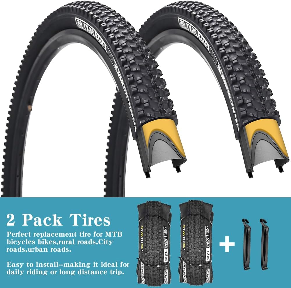 SIMEIQI 1 or 2 Pack 24"/26"/27.5"x1.95" Bike Tires with 3mm Anti-Puncture Layer for Mountain Bicycle Tyres with or Without 24"/26"/27.5"x1.75"/2.125" AV 32mm 2 Inner Tubes