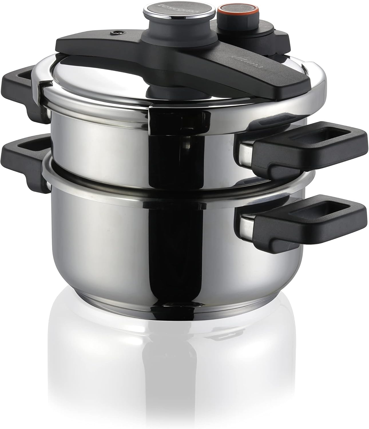 Tescoma Ultima Duo Pressure Cooker with 6L pot and 4L pot stacked