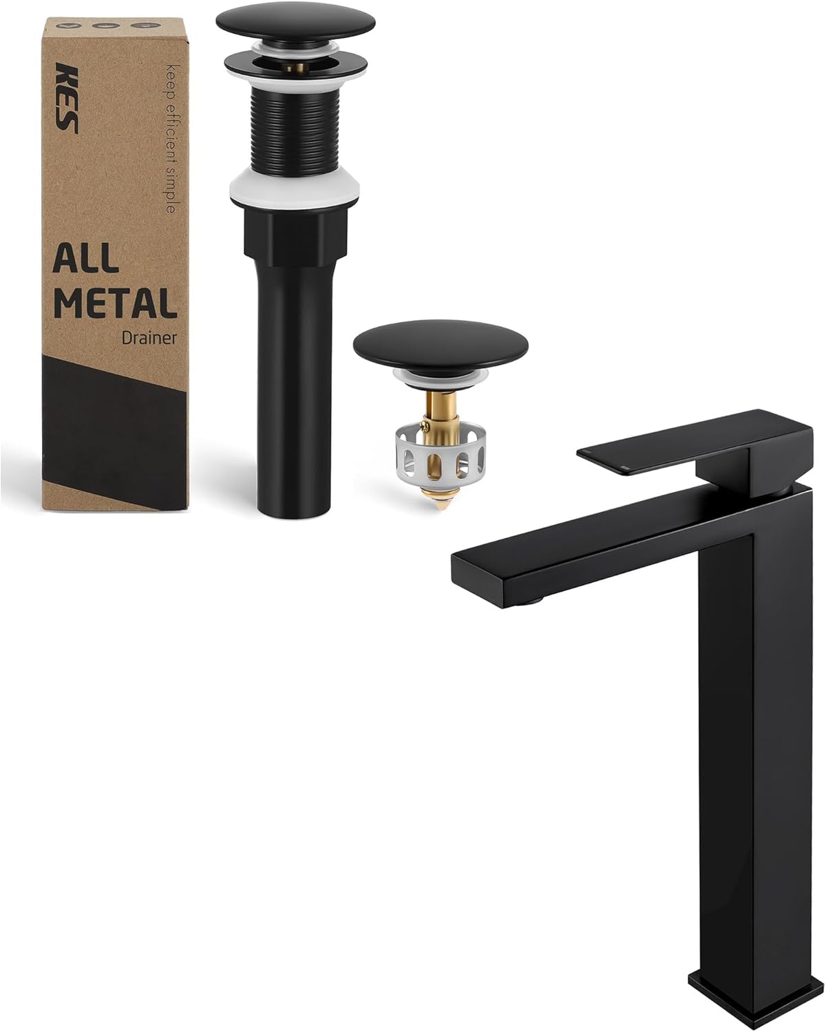 KES Bathroom Sink Drain with Strainer Basket Hair Catcher Vessel Sink Faucet cUPC Certified Black, S2013D-BK-KES+L3156BLF-BK-UPC