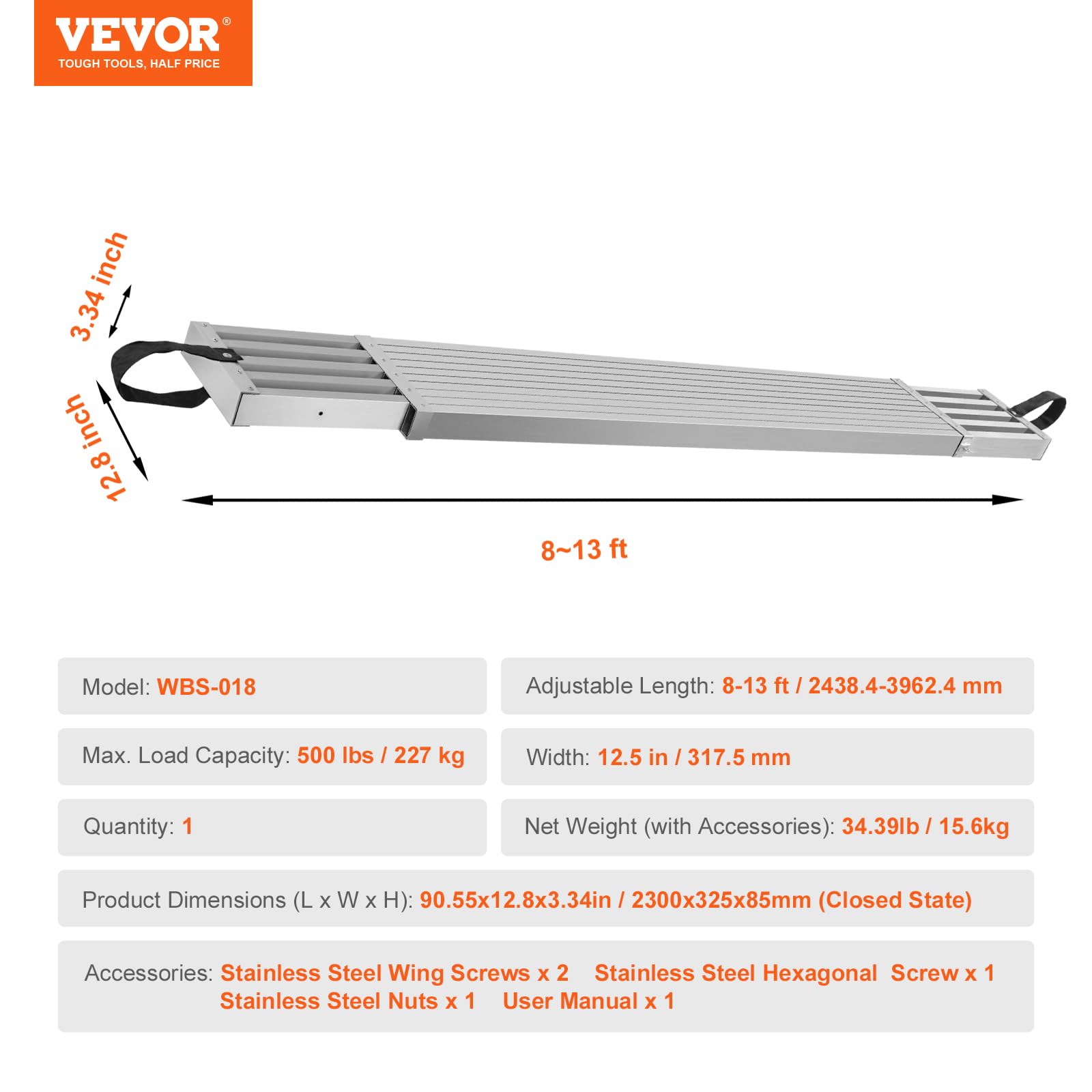 VEVOR Tablón de Trabajo Telescópico de Aluminio, 2300 x 325 x 85 mm de Capacidad de 227 kg, Tablón de Extensión con Plataforma Antideslizante Accesorio de Escalera de Andamio, Aleación de Aluminio