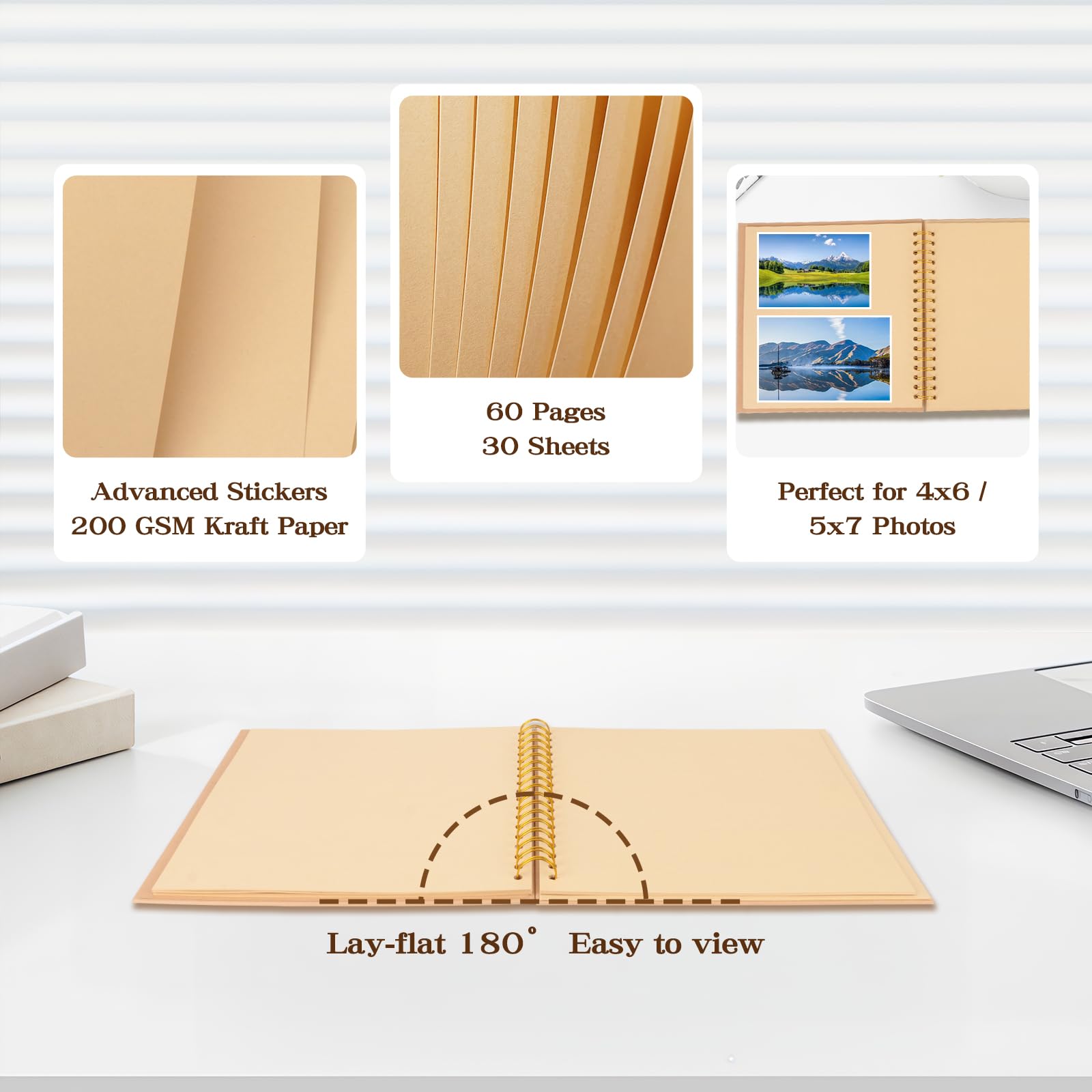 Álbum de fotos de 12 x 12 pulgadas con páginas de papel kraft, álbum de recortes para viajes, boda, aniversario familiar, baby showers, 60 páginas en blanco, libro de recuerdos de fotos y proyectos de