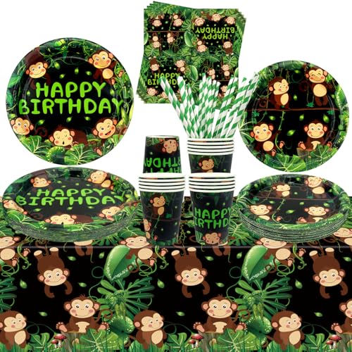 Suministros de fiesta de mono, vajilla de fiesta de mono, platos de cena, platos de postre, tazas, servilletas, mantel de popotes para suministros de cumpleaños con temática de mono salvaje, sirve 20
