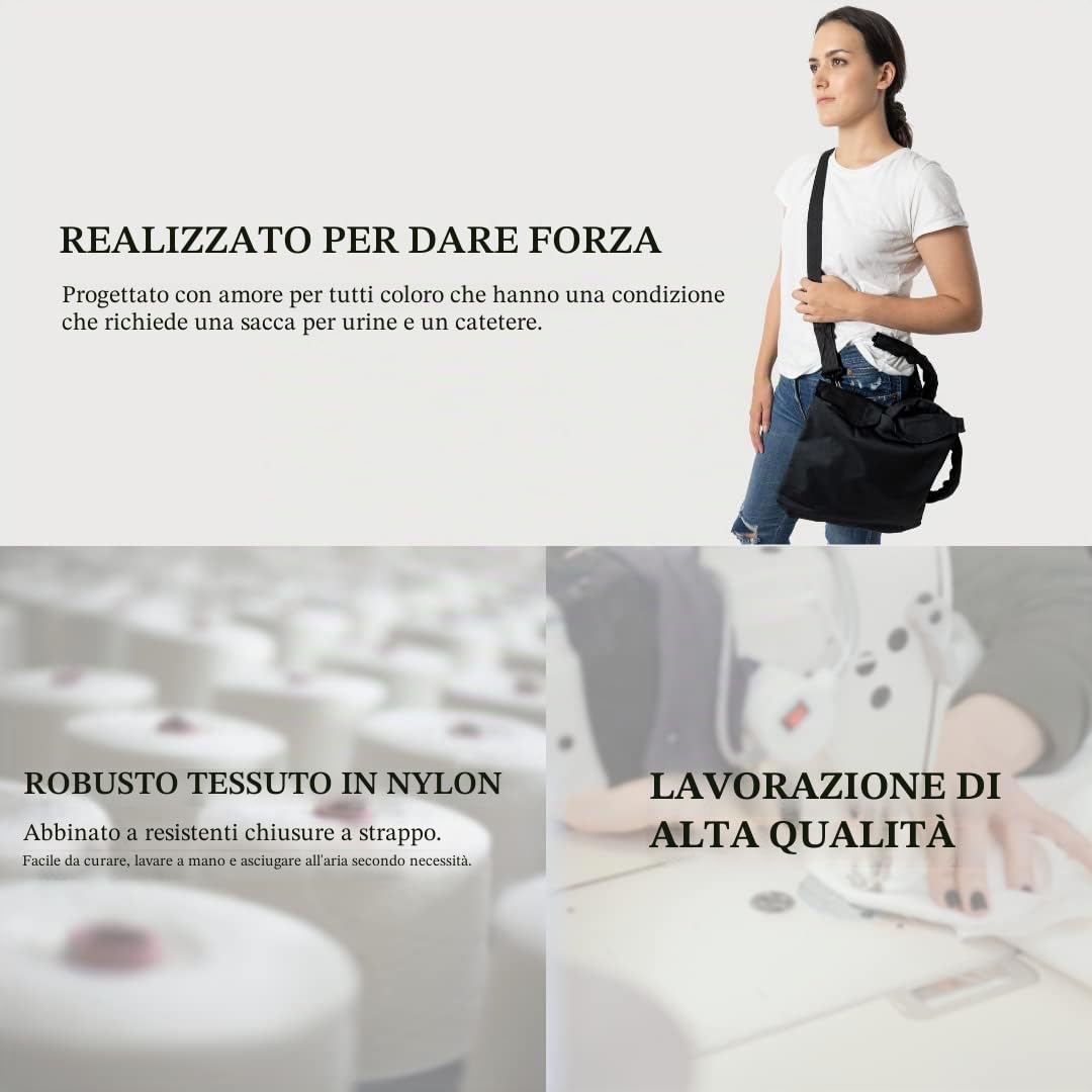 Supporto per sacca di drenaggio delle urine con copertura per tubo catetere e cinghia regolabile, colore nero