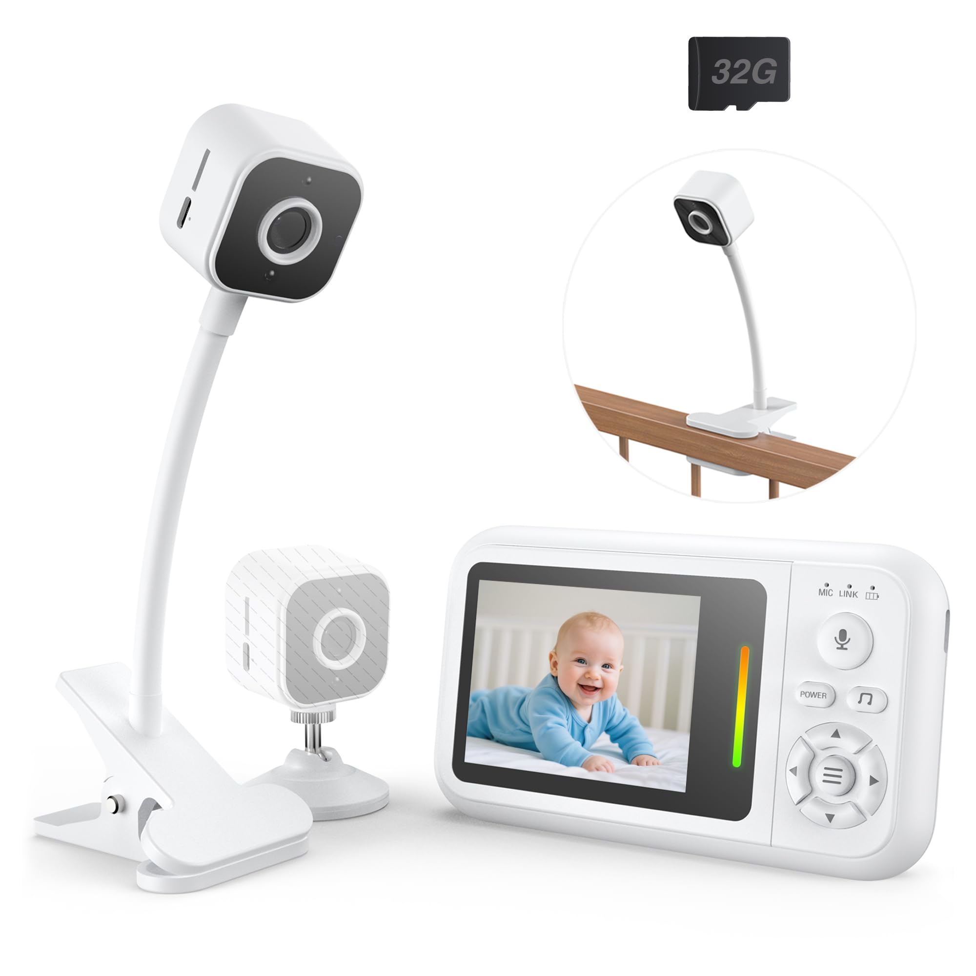 Babyphone Camera con Clip e Supporto per Letto, 1080P Camera Bebe Monitoraggio senza WiFi, Visione Notturna, Audio Bidirezionale, Rilevamento Pianto, Scheda 32G, Facile da installare, Regalo Nascita