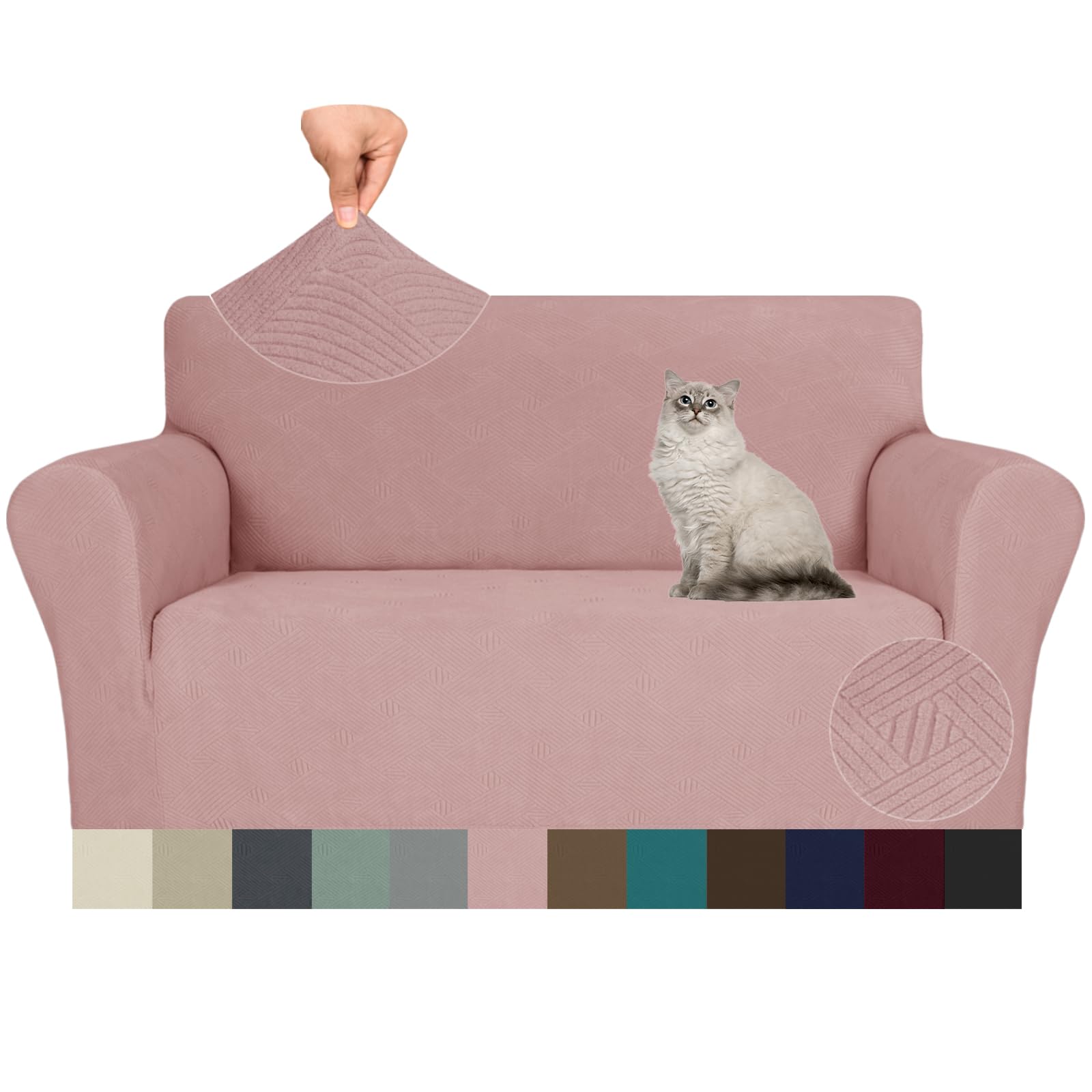 JIVINERLoveseat Slipcovers, 1 Piece Stretch Couch Covers for 2 Cushion Furniture Protector with Elastic Bottom for Kids Pets Jacquard 2 Seater Sofa Cover (Loveseat, Dusty Pink)