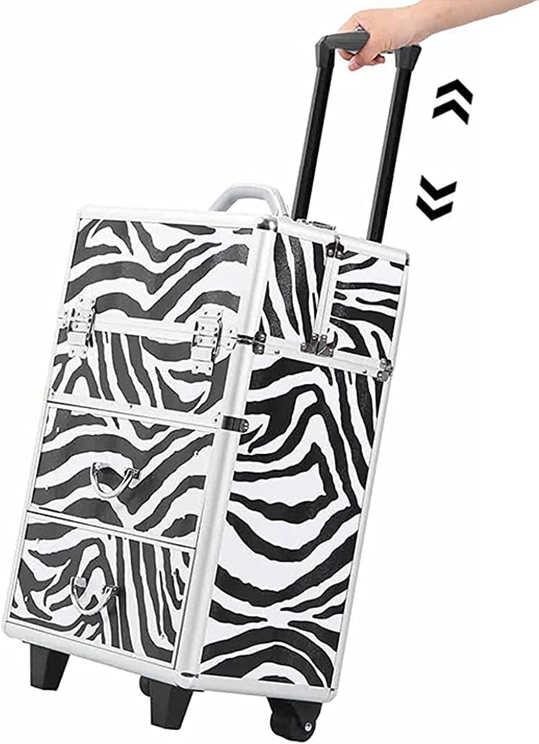 3 in 1 Rolling Makeup Train Case Trolley, Portable Multifunction Aluminum Cosmetic Artist Travel Storage Jewelry Lockable Organizer with 2 X Keys & Telescopic Lift Handle, White Zebra Print