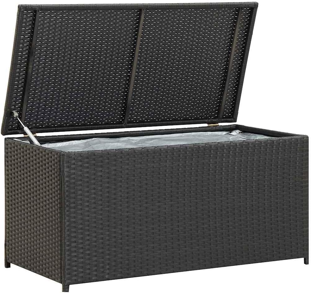 vidaXL Patio Storage Box- Durable Poly Rattan Garden Item Storage, Powder-Coated Steel Frame, Weather, with Waterproof Liner and Easy Assembly, Black Color.