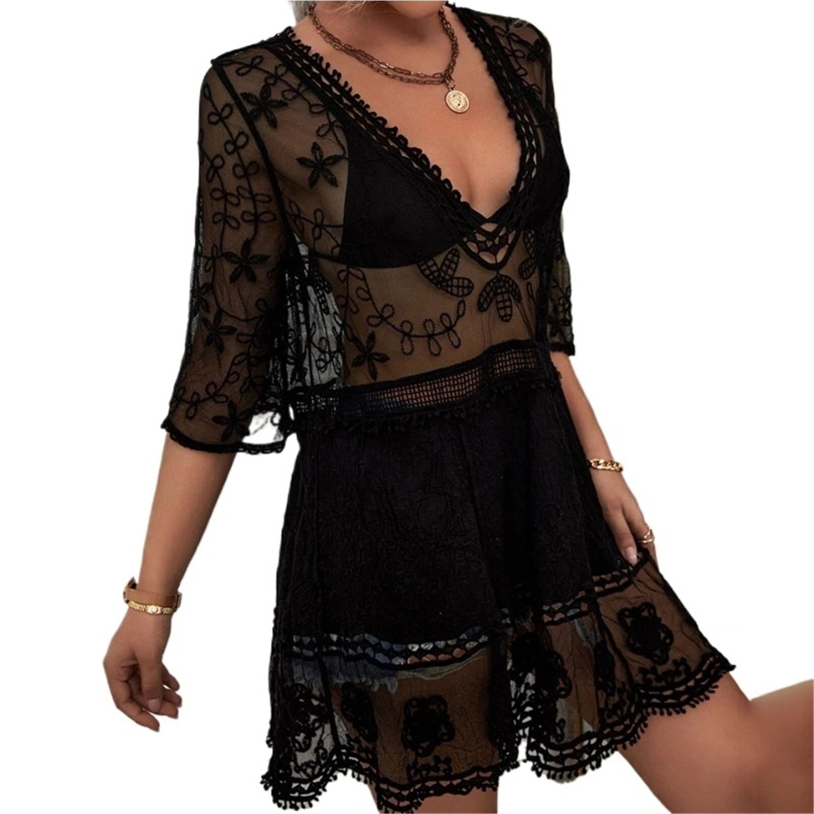 Copricostume Donna Costume da Bagno Sexy con Scollo a V Profondo Copricostume in Bikini a Rete Donna Abito Estivo Svasato in Pizzo a Maniche Corte Spiaggia Allentato