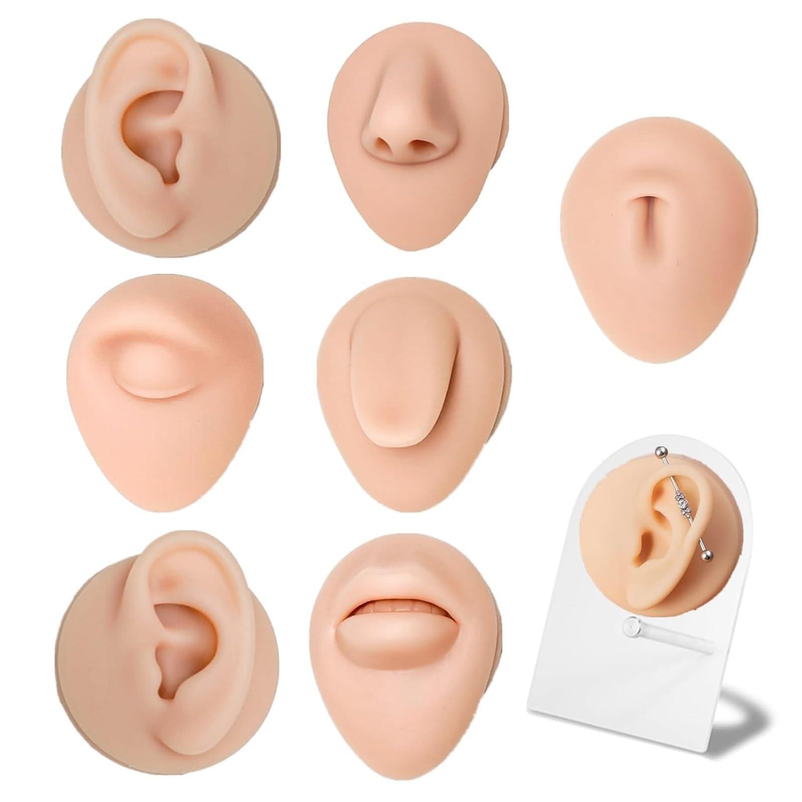 Piercing per il corpo, modello di esercizio, 7 pezzi, in morbido silicone, con supporto per display, modello per naso, occhi, bocca, lingua, ombelico per praticare piercing